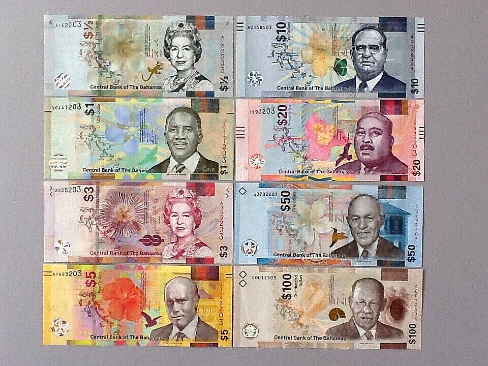 Bahamas 2016-21 8 Note Set 1/2 thru 100 Dollars  P-77 thru P-82 UNC