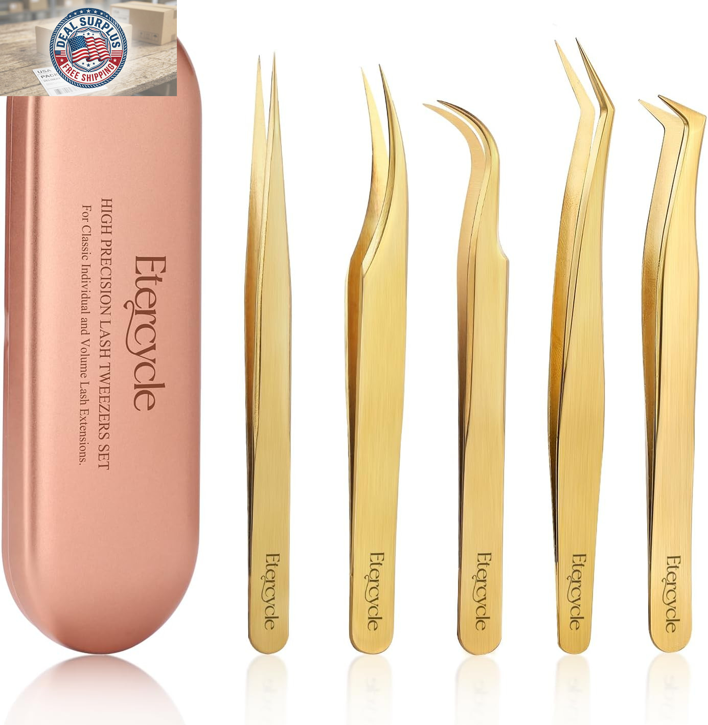 High Precision Lash Tweezers Set - Includes 5 Stainless Steel Eyelash Tweezers f