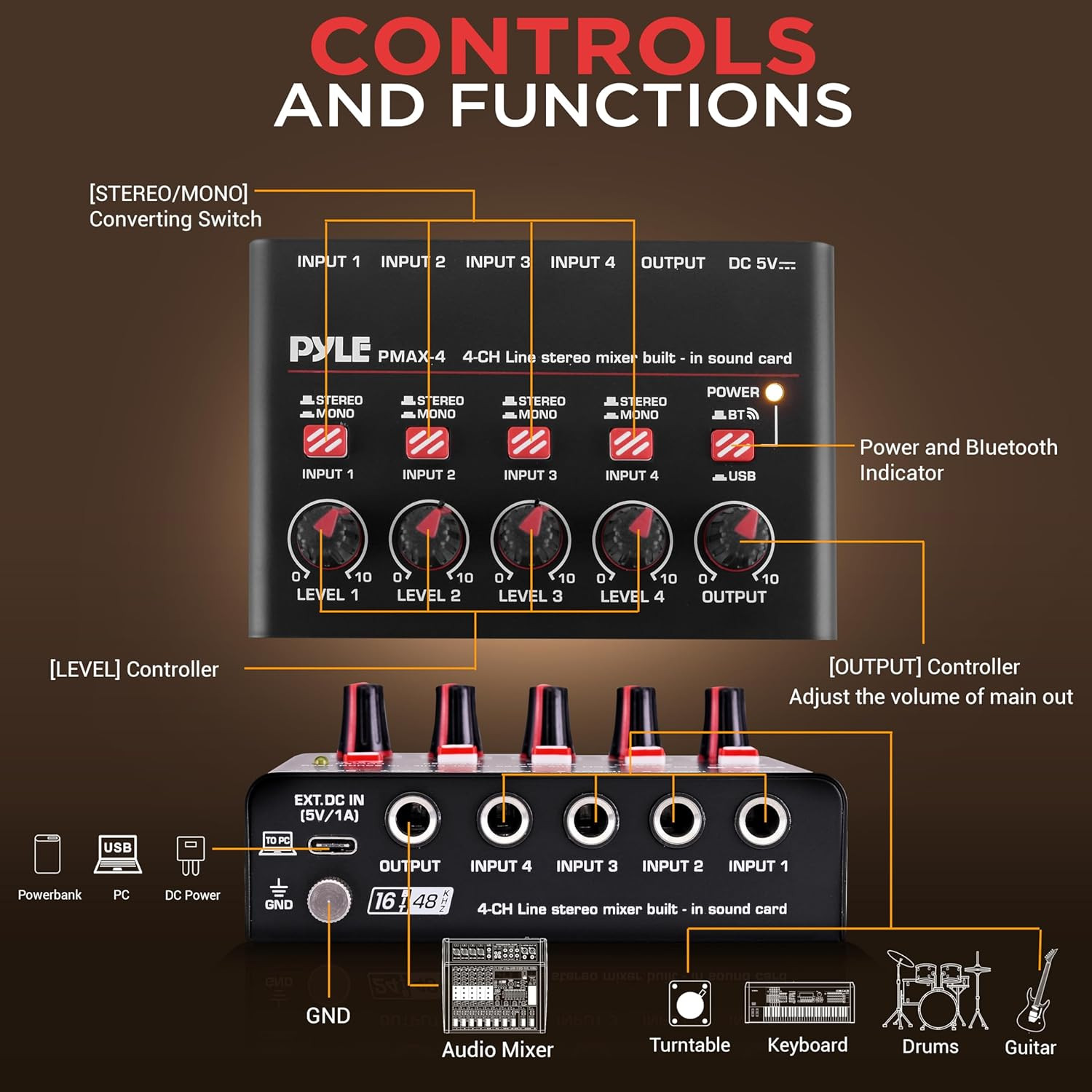 4-Channel Wireless Bluetooth 5.0 Line Mixer - USB Audio Interface - 4 Mono/Stere