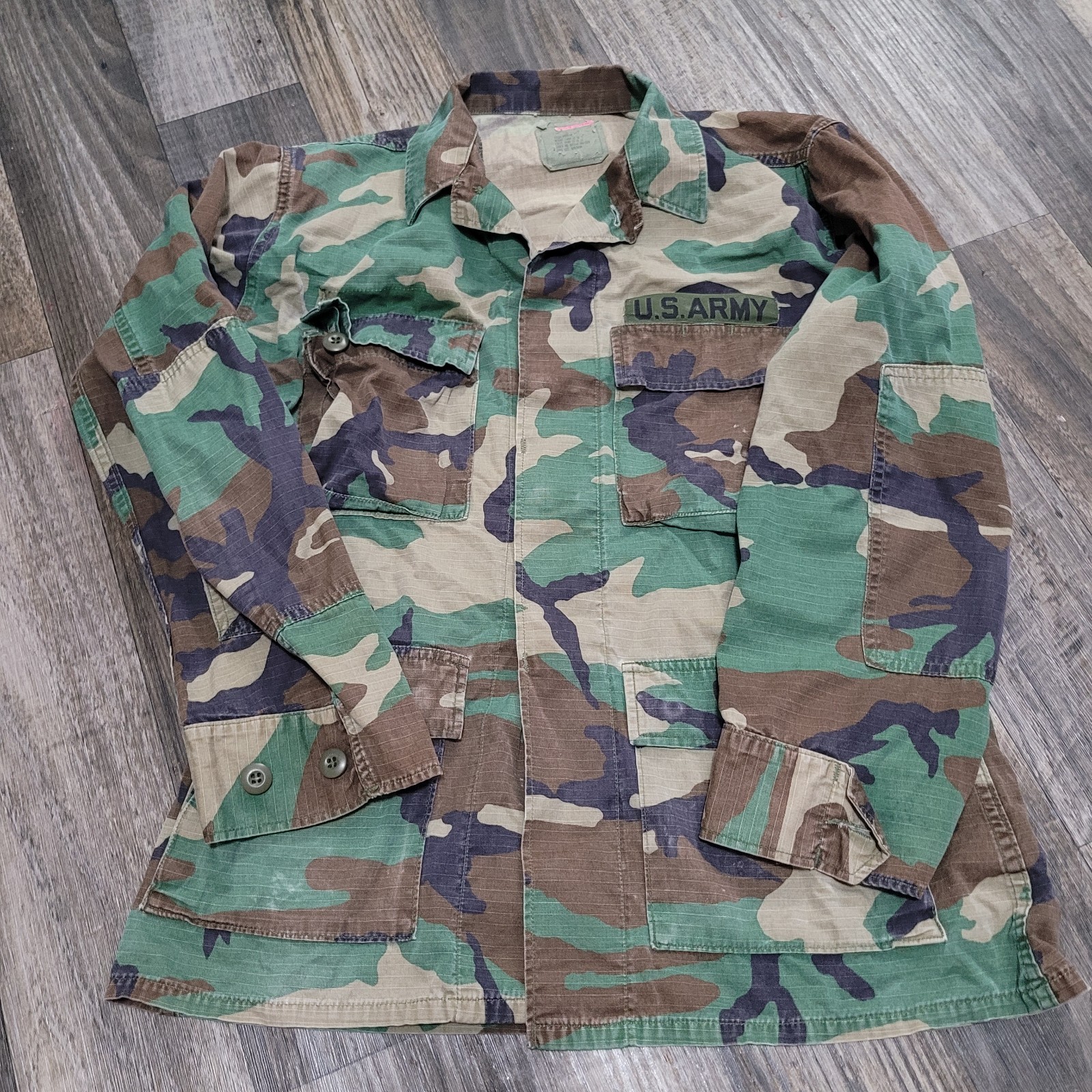 Army Hot Weather Field Coat Mens Small Regular Woodland Camo BDU Distressed