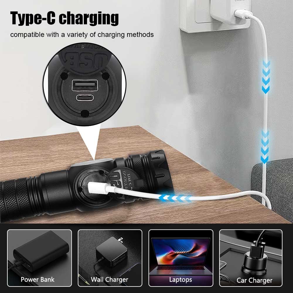 White Laser LEP Flashlight Torch COB Yellow Red Light Zoomable USB Rechargeable