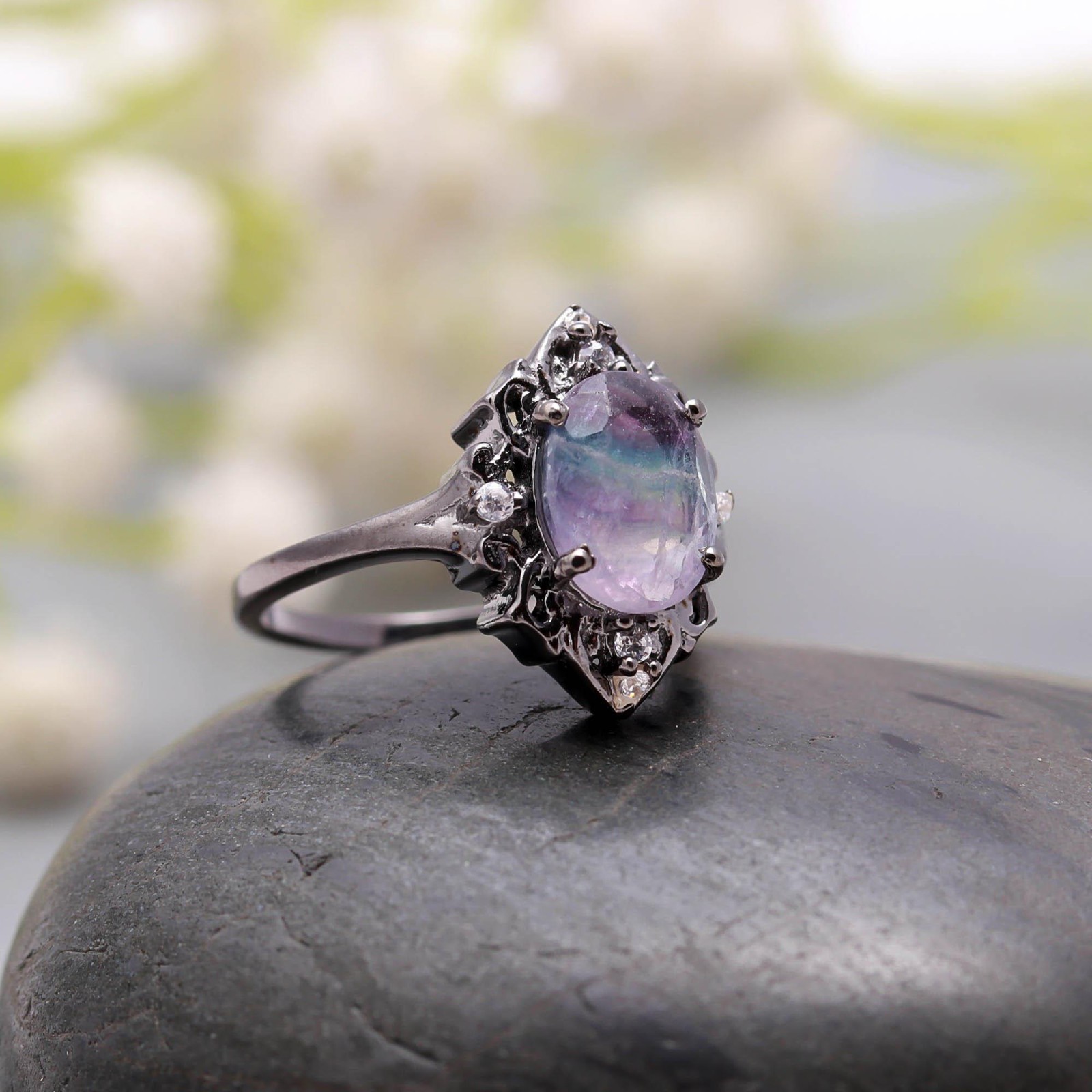 100% Natural Rainbow Fluorite Oval Ring Black Oxidized Solid Silver Jewelry