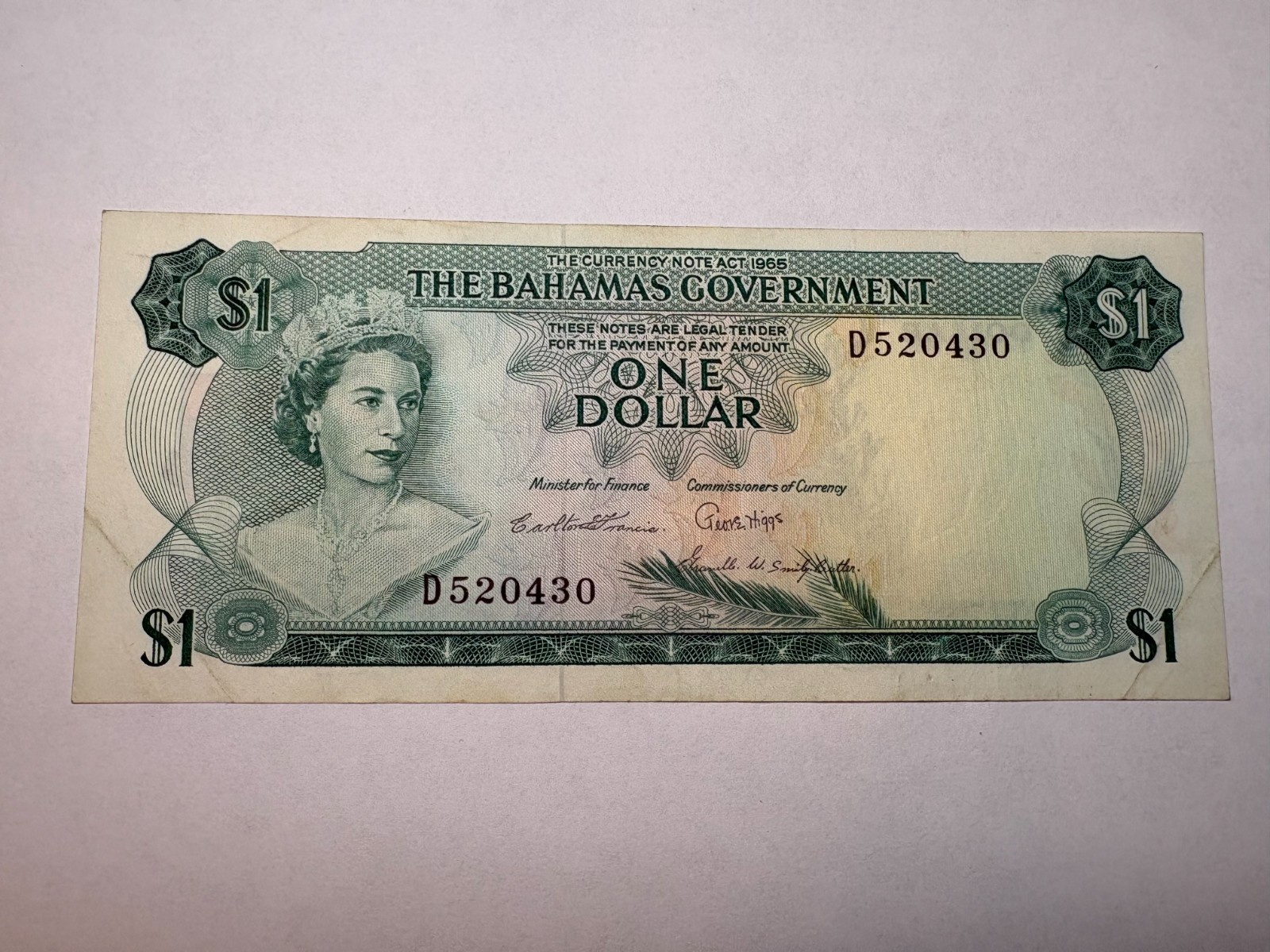 Bahamas $1 Dollar 1965 Good Condition Circulated Banknote Queen Elizabeth II