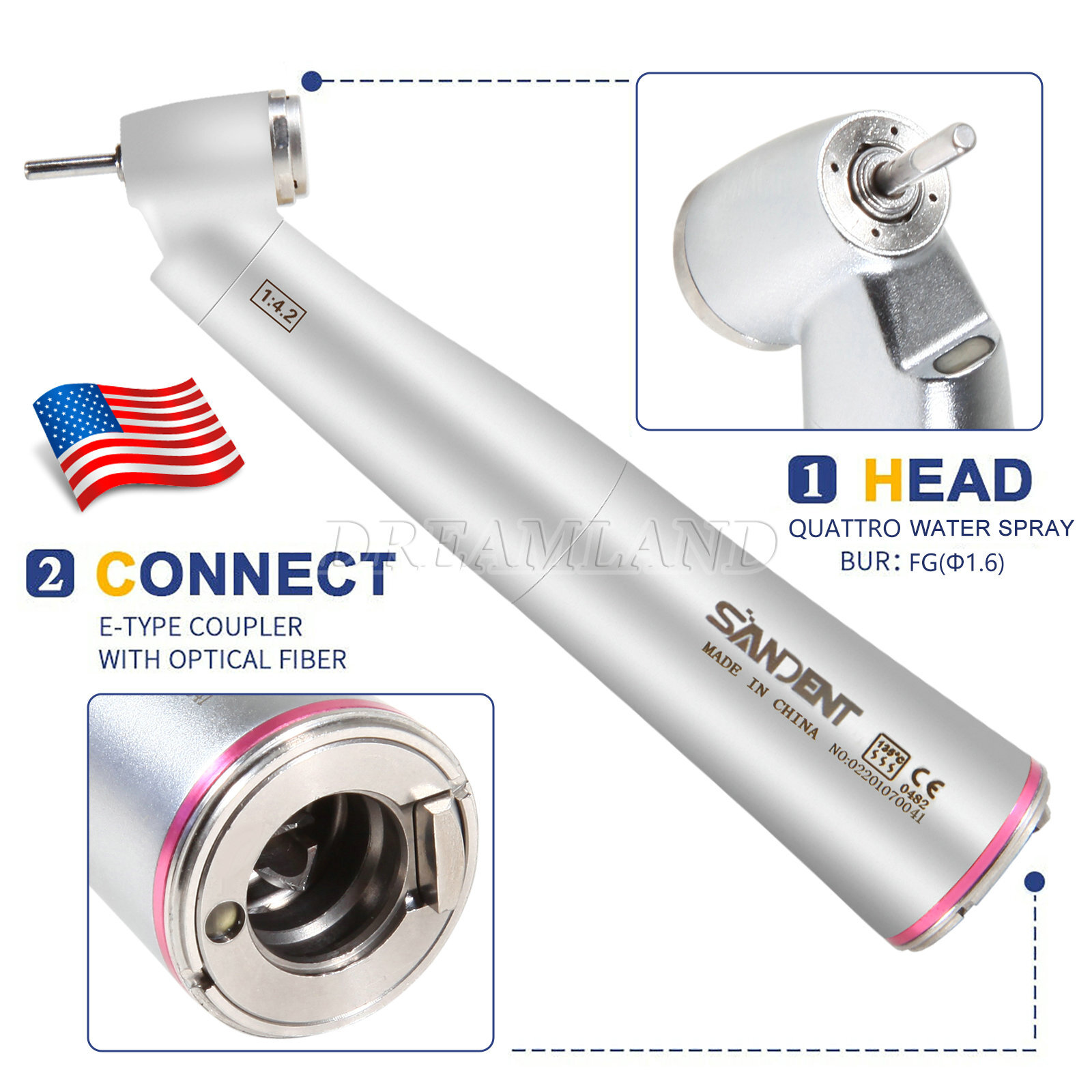 Dental 1:4.2 45° Contra Angle Surgical LED Fiber Optic Handpiece fit NSK Z45L CE