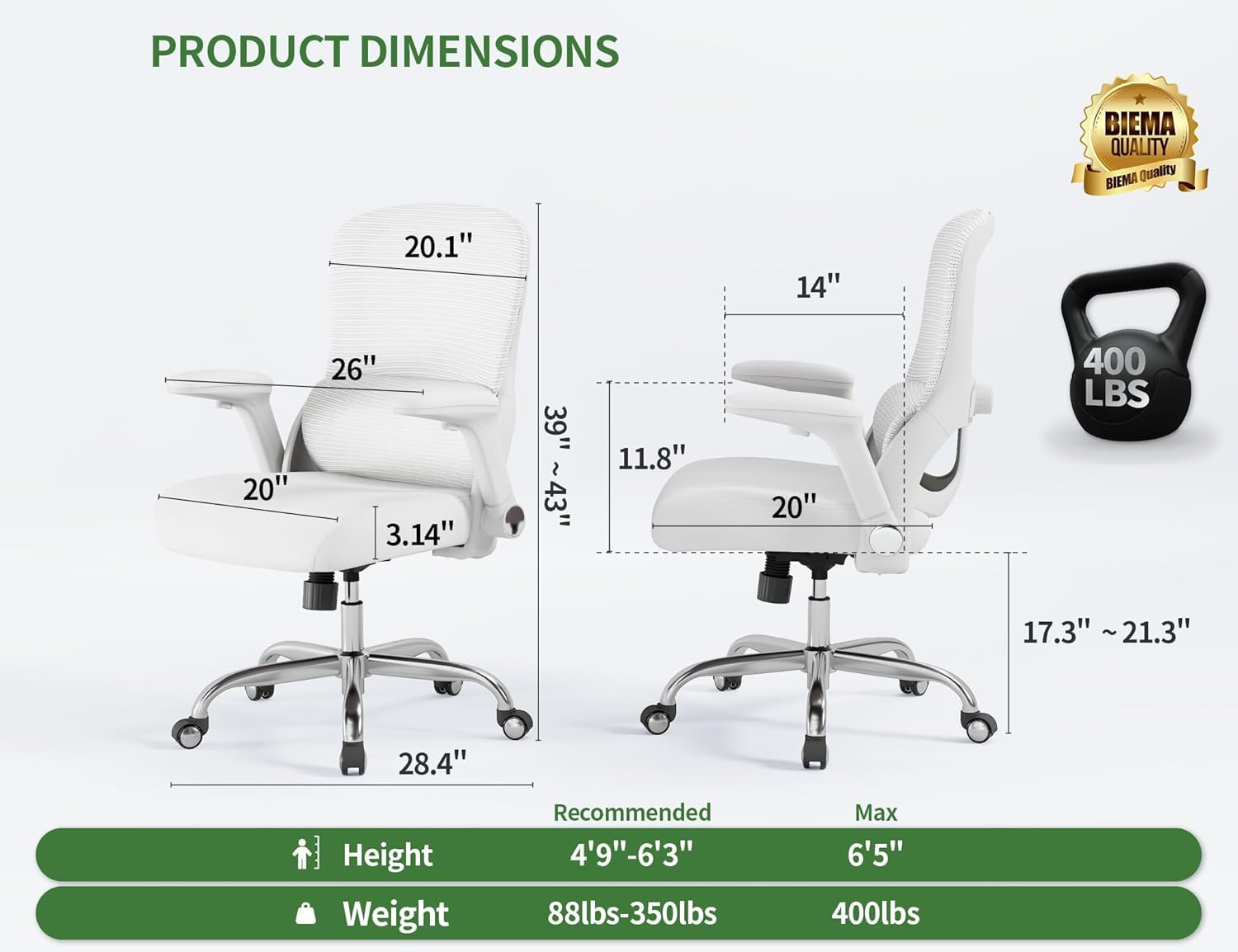 White Office Chair for Big and Tall People - 400Lbs Wide Seat Computer Desk Chai