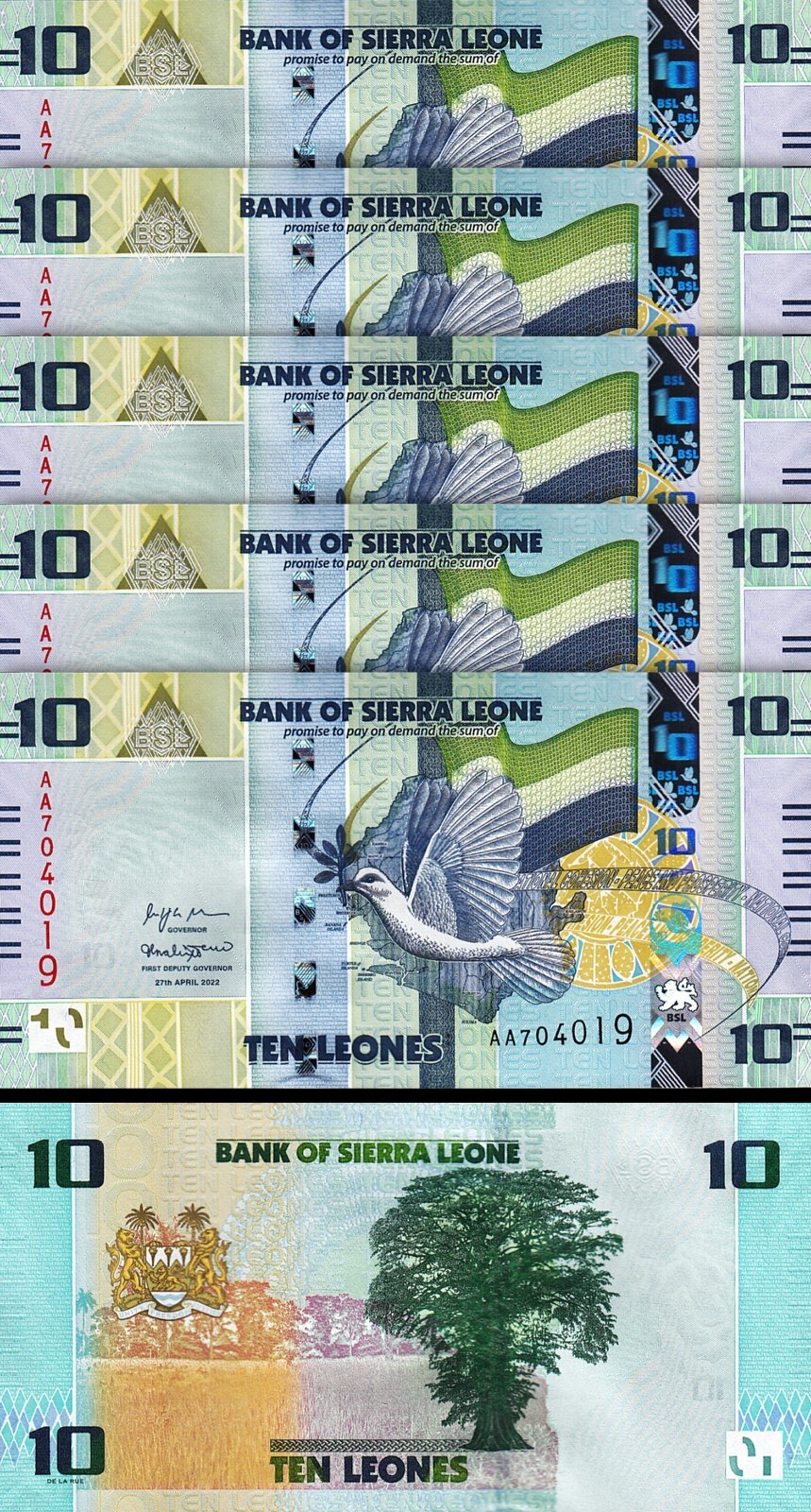 Sierra Leone 10 Leones 2022, UNC, 5 Pcs LOT, Consecutive, P-New Design