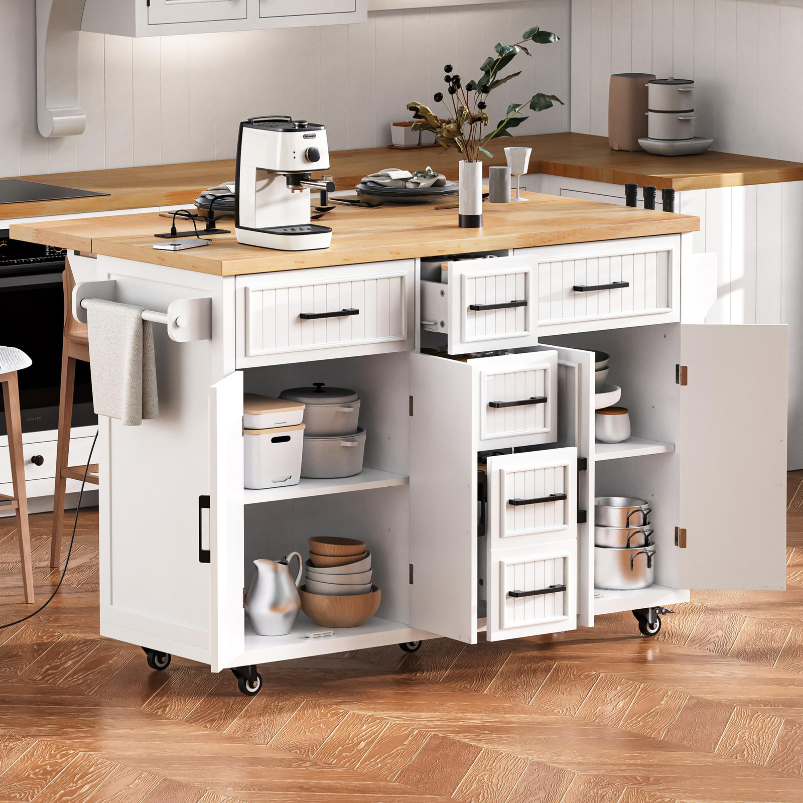 56.5'' Kitchen Island Rolling Kitchen Cart w/Drop Leaf, Power Outlet & 5 Drawers