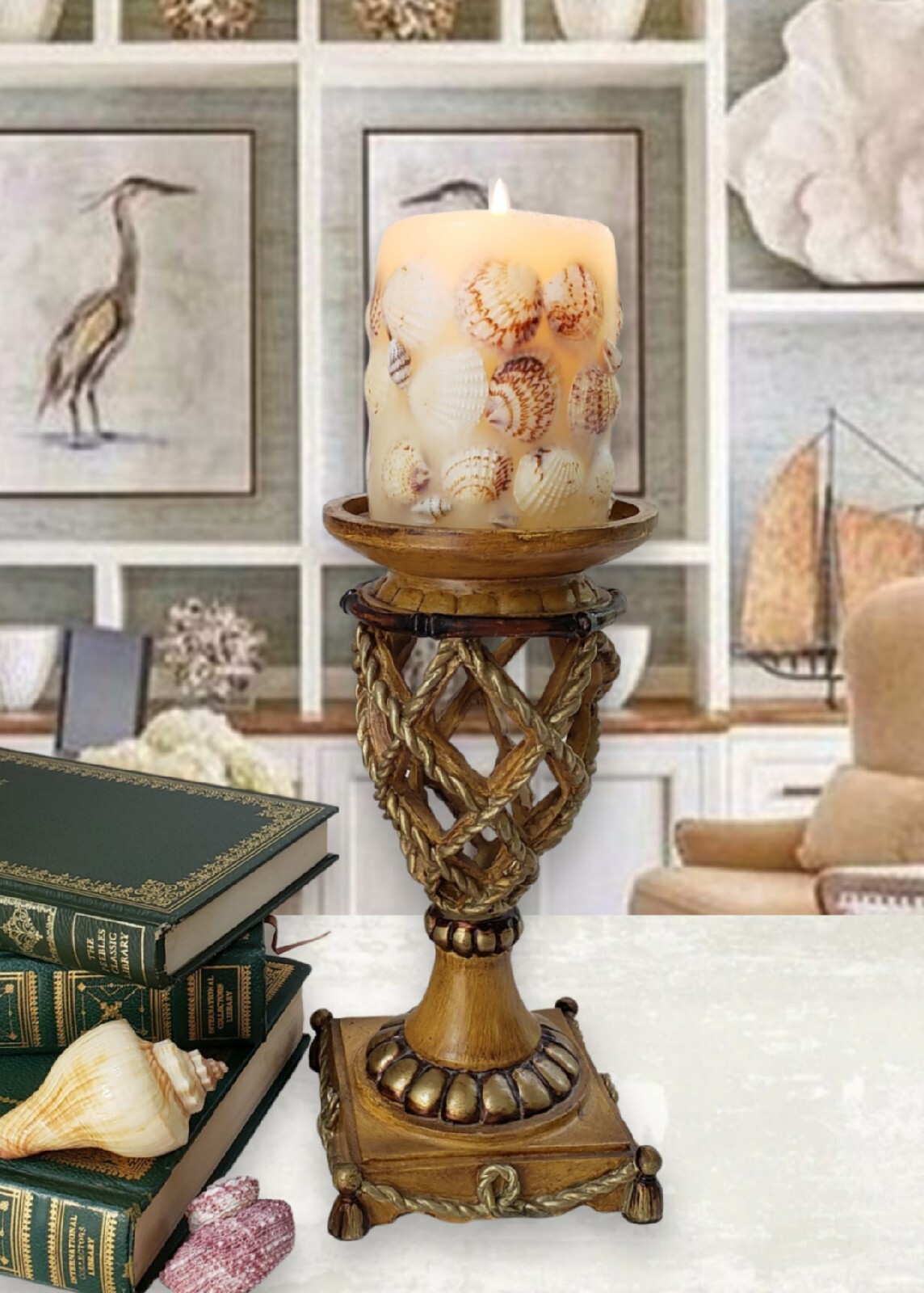 Elegant Tropical Motif Faux Rope & Bamboo Accents Pedestal Pillar Candle Holder