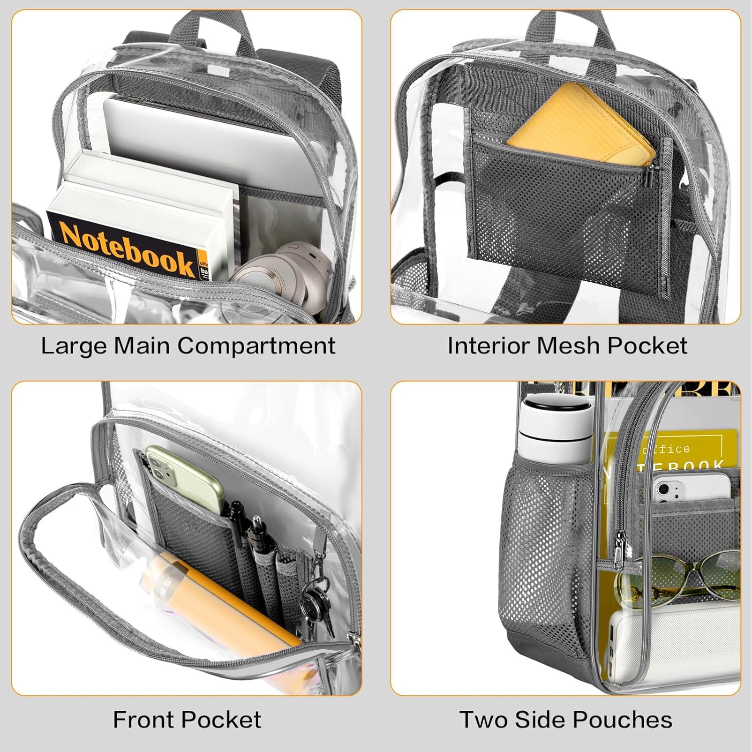 PAMANO Clear Backpack, Heavy Duty Transparent Backpack with Reinforced Grey