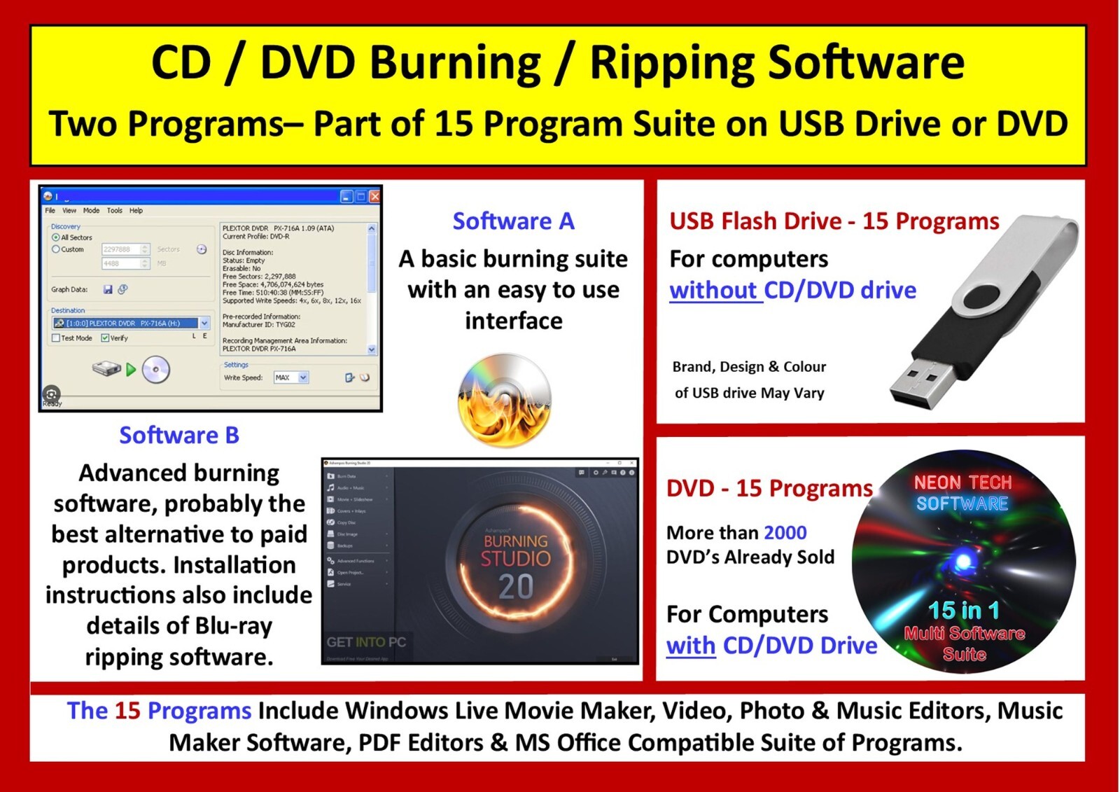 CD DVD Burning Burner Software Win 7-11 Copy Backup Ripping Ripper USB or DVD