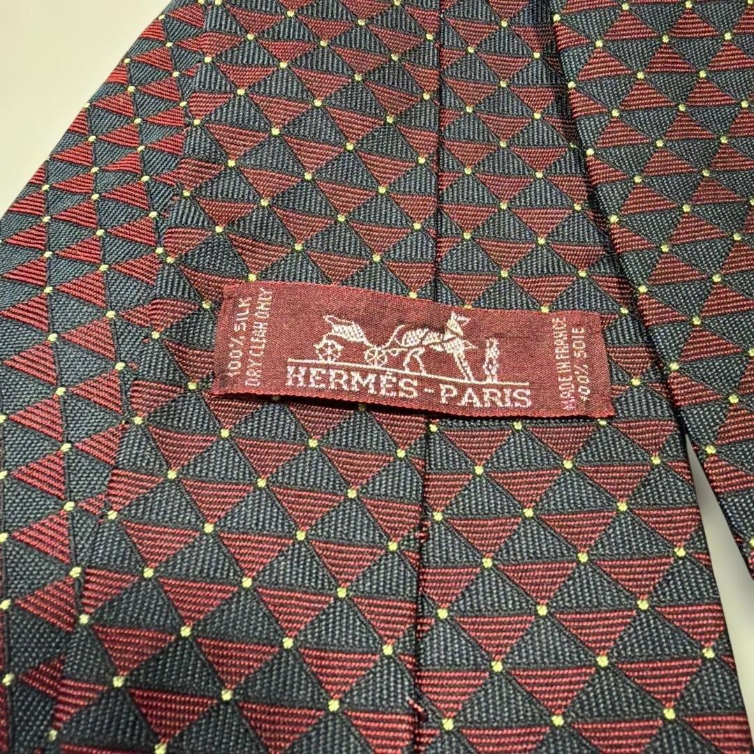 HERMES Silk Tie Red Navy Diamond Pattern