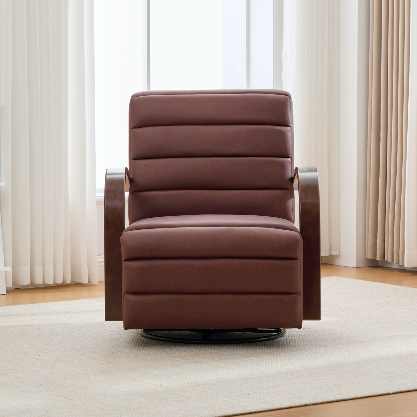 360° Swivel Accent Chair, Tufted with Wood Armrests, Brown