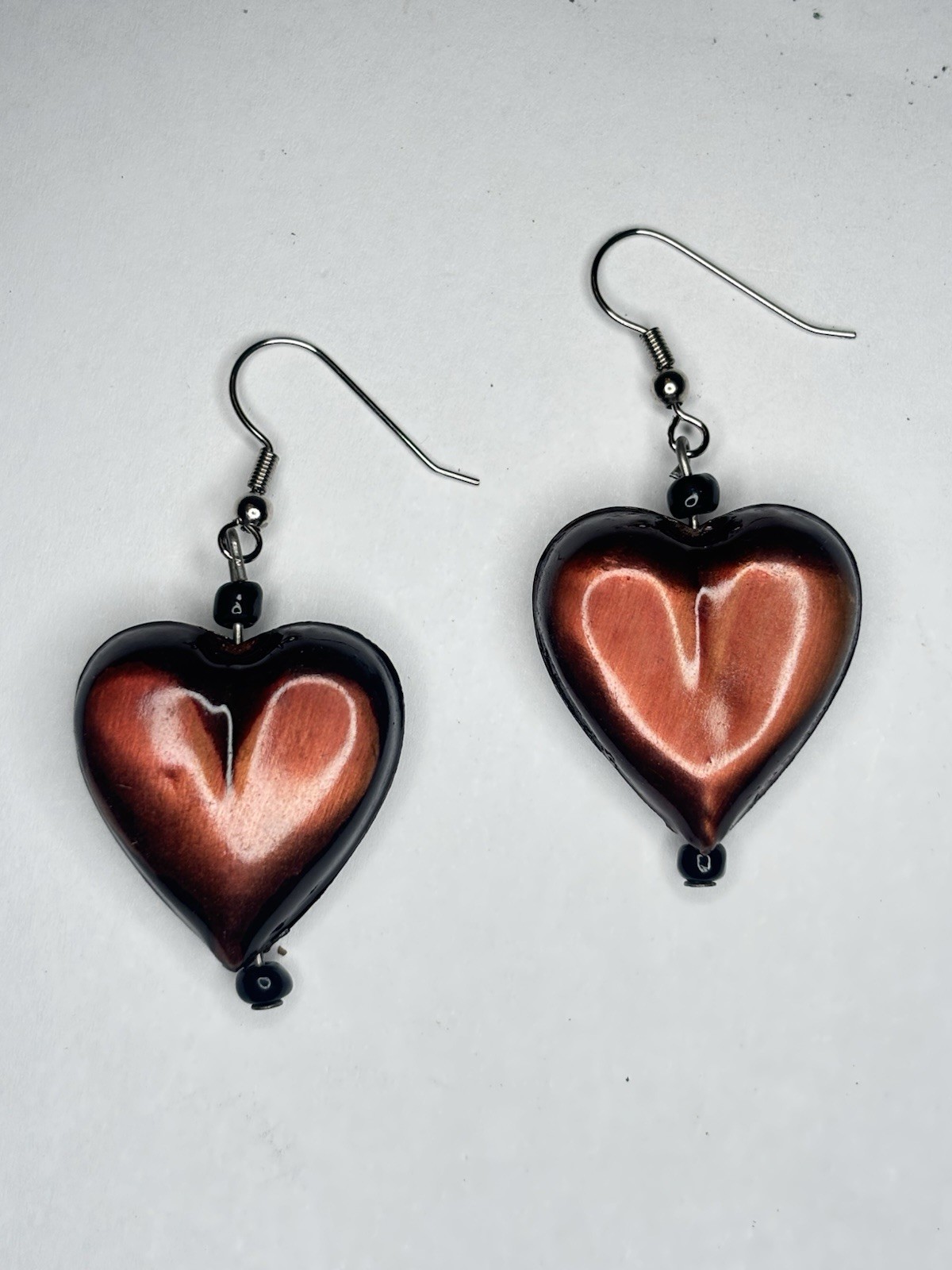 Vintage Puffy Heart Shaped Copper Tone Metal Dangle Earrings