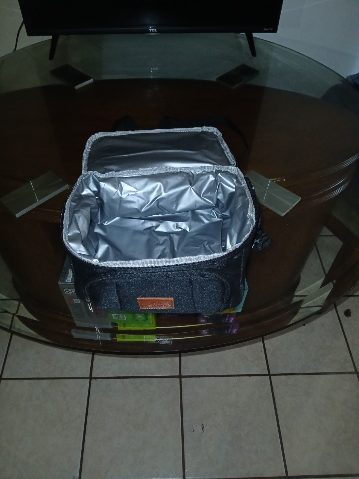 Insulated Cooler Bag Black Polyester Zipper Strap Pocket