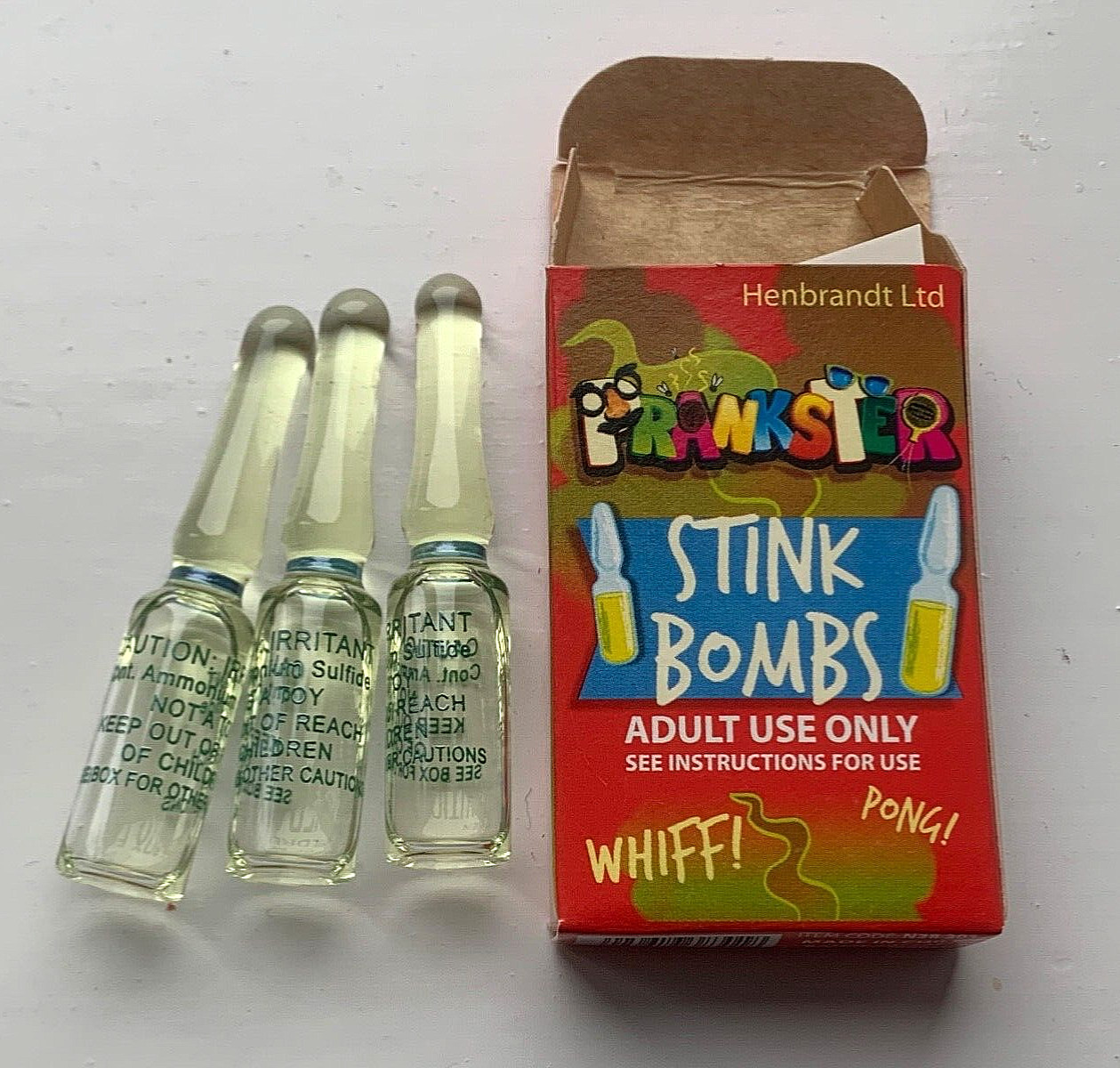 3 X Glass Vial Stink Bombs Smells Of Rotten Eggs Fart Ass Retro Joke