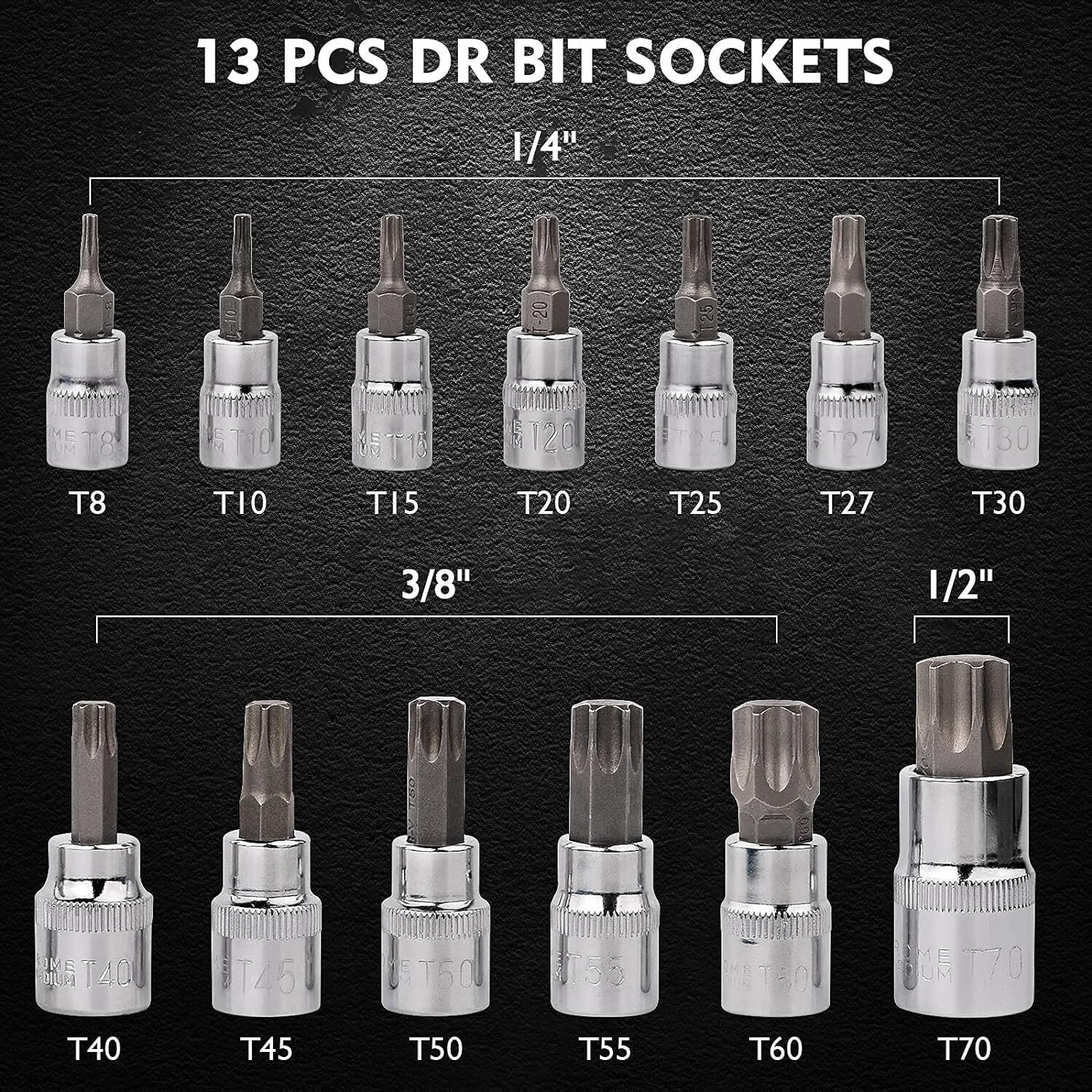 13PC Torque Torx Star Sockets Bit Set Male Female E-torx Bits 3/8 1/4'' Handheld
