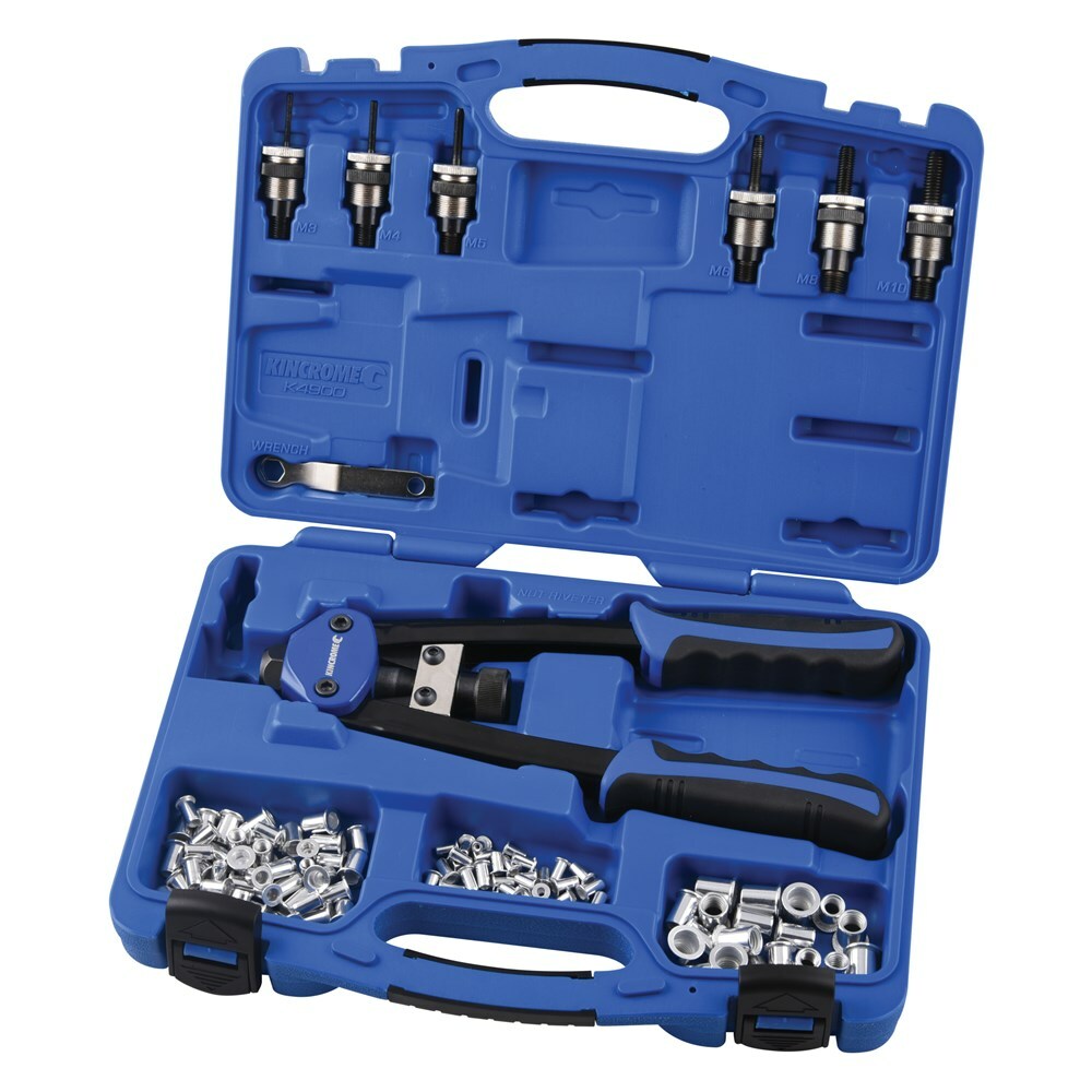 Kincrome 68PC Twin Handle Nut Riveter Kit M3–M10 Mandrels Blow‑Mould Case K4900