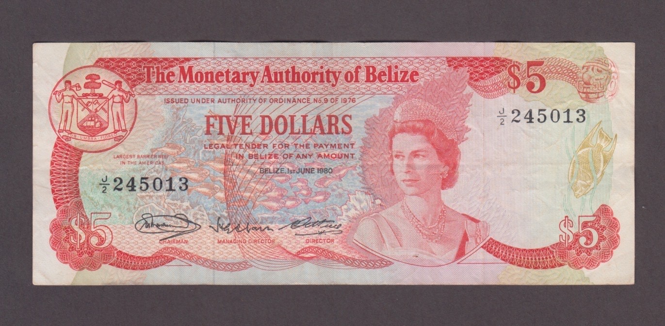 BELIZE P.39-5013  5 DOLLARS 1980 PFX J/2  VF WE COMBINE   2602