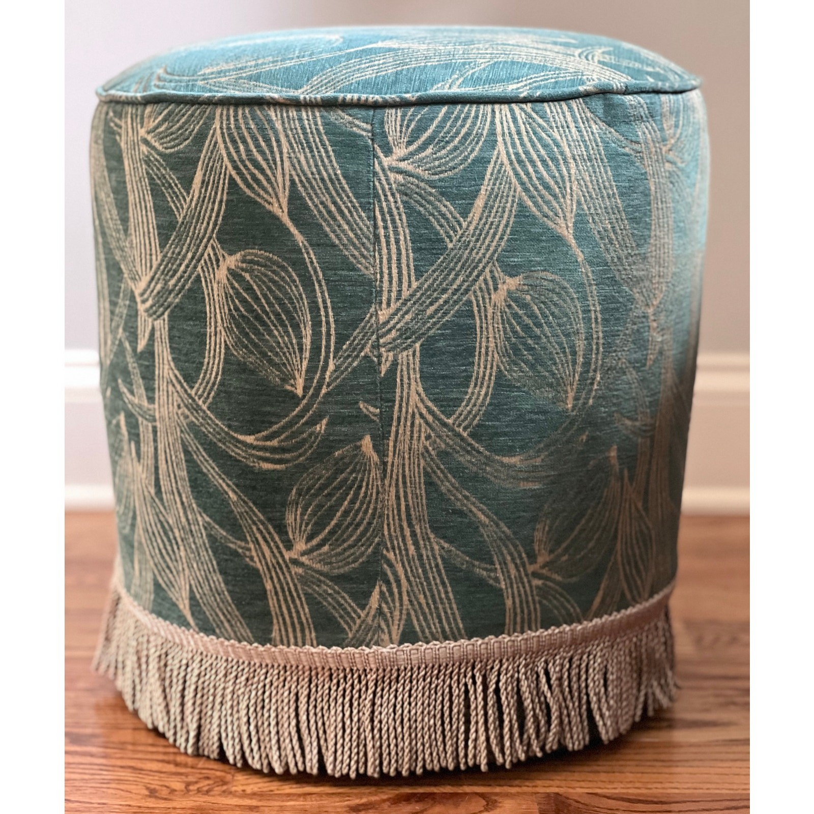 Gubi Pouffe Ottoman Round Stool Upholstered Mid Century Art Deco Fringe Trim 15”