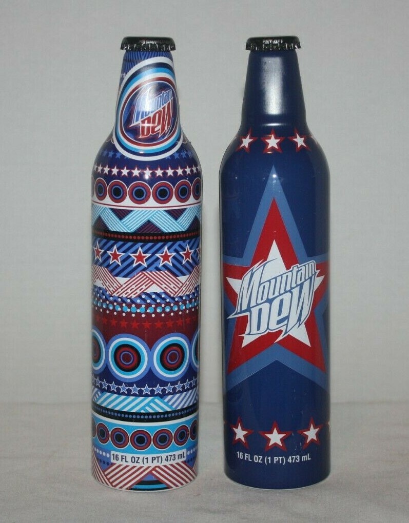 2008 Set / 2 Mountain Dew Aluminum Bottles Americana Art Red White & Blue Ltd Ed