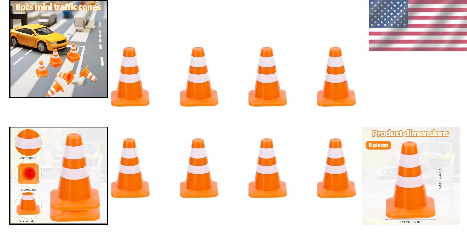Realistic 8-Piece Mini Traffic Cone Set - 1.38in for Creative Scenes & Teaching