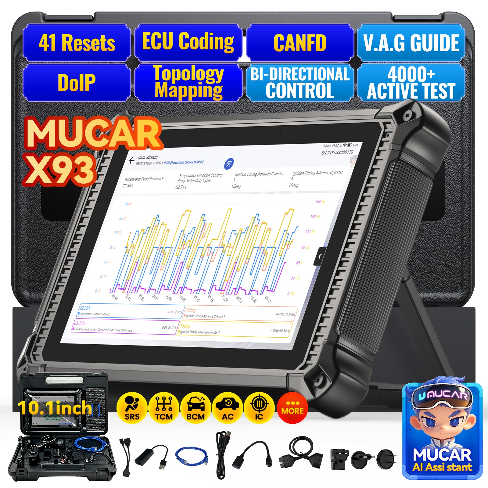 MUCAR X93 10" 41 Resets CANDoIP AI Diagnostic & ECU Coding Bidirectional Scanner