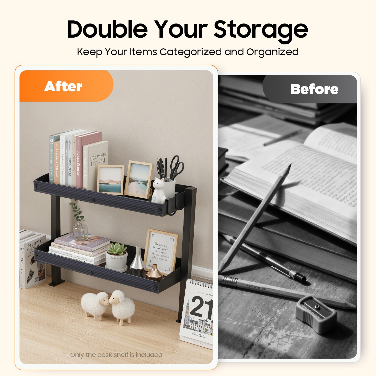 Modern Countertop Desk Shelf, 2-tier Shelving With Adjustable Storage Tray