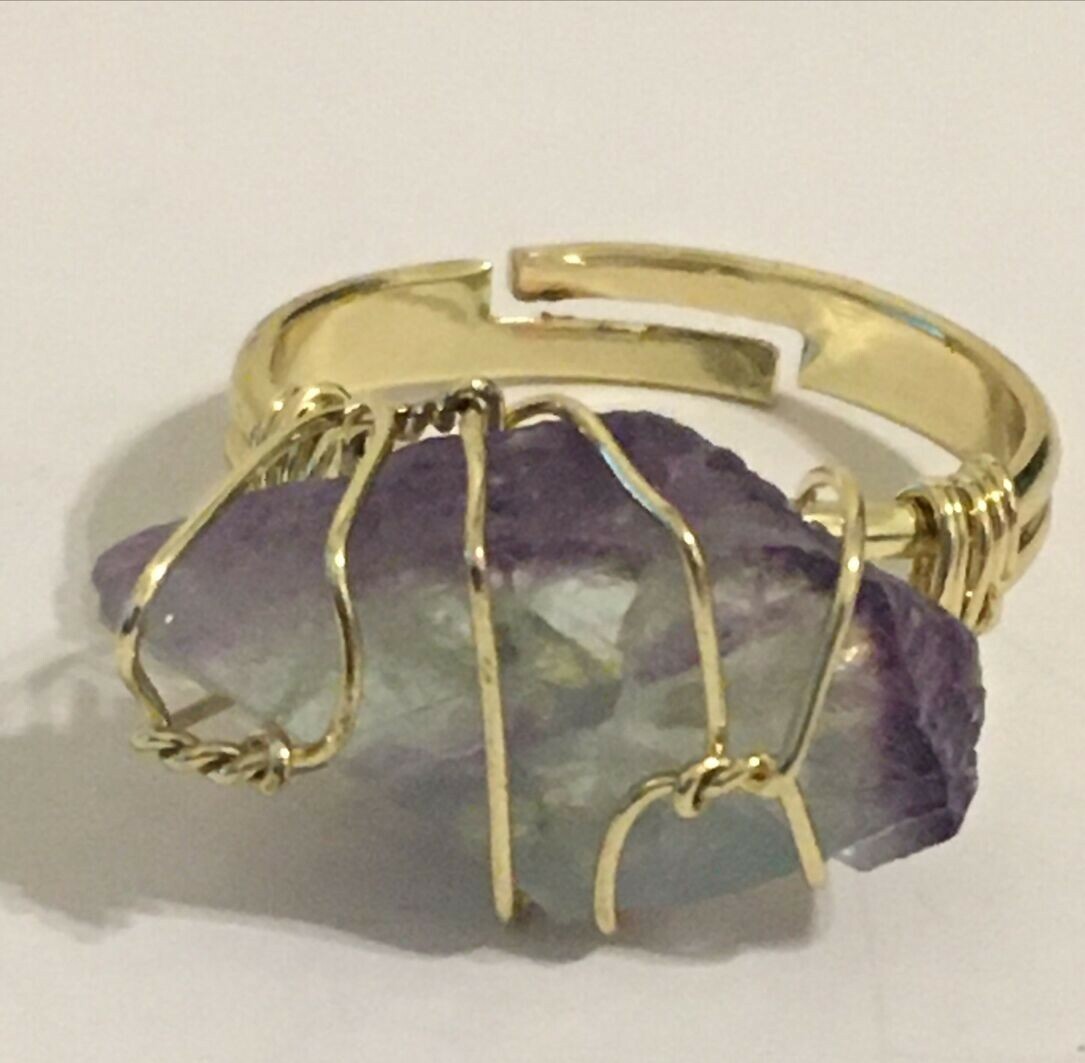 florite raw stone wire wrapped ring adjustable to size 6, 7 , 8 & 9