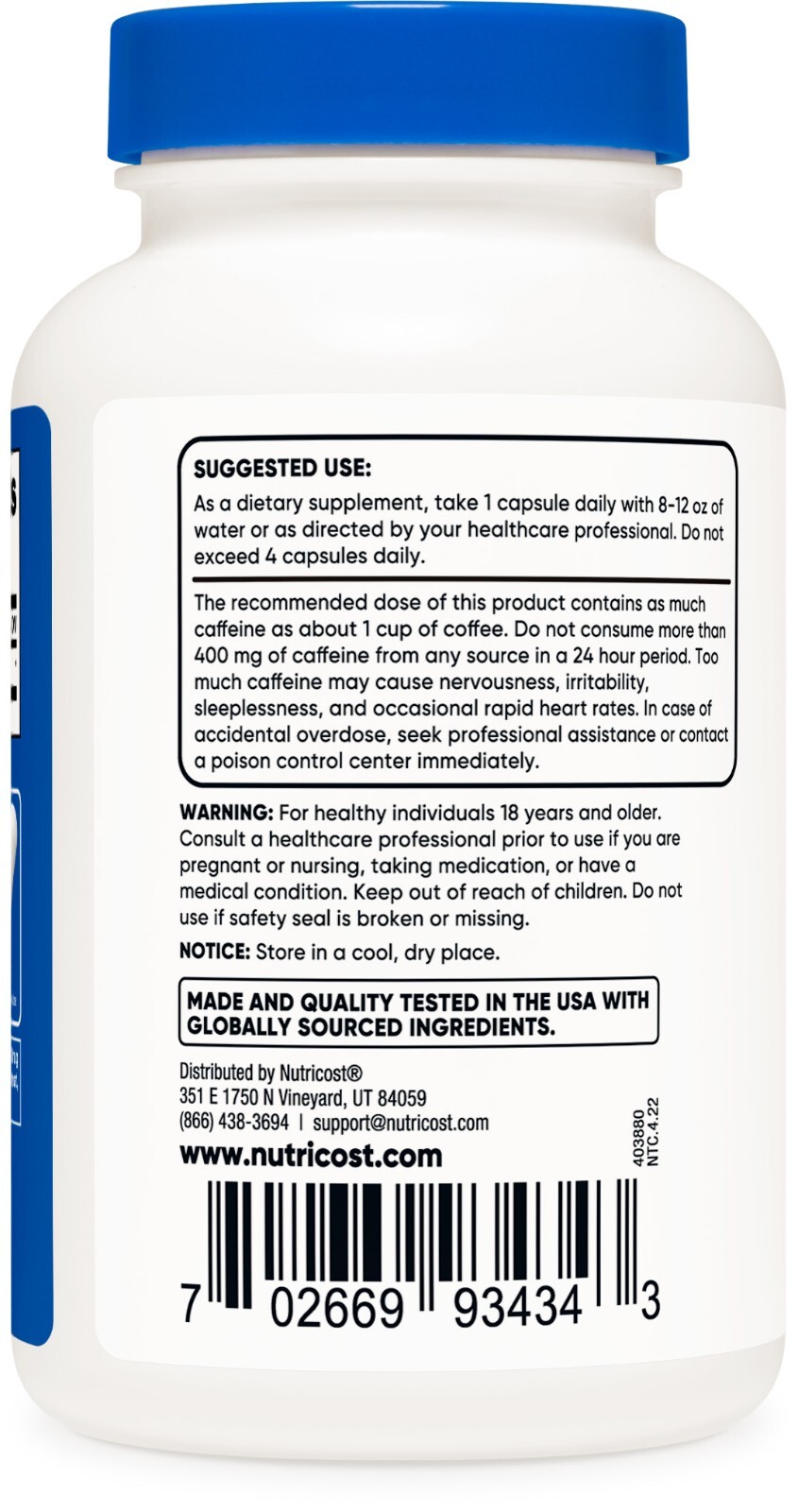 Nutricost Caffeine Pills 100mg Per Serving, 250 Capsules