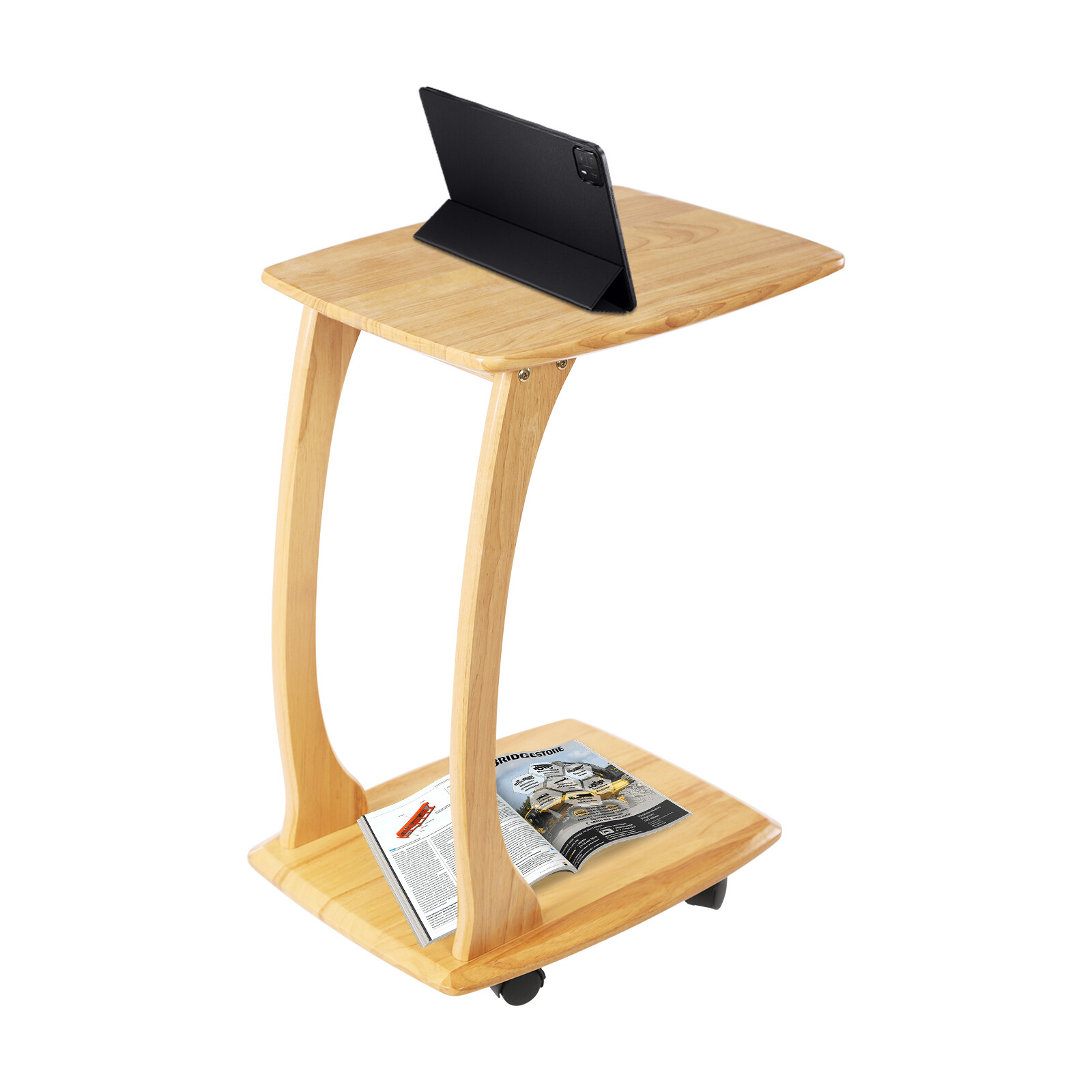 C-Shaped Side Table Floor Standing Solid Wood End Table With Wheels 24.8 inches