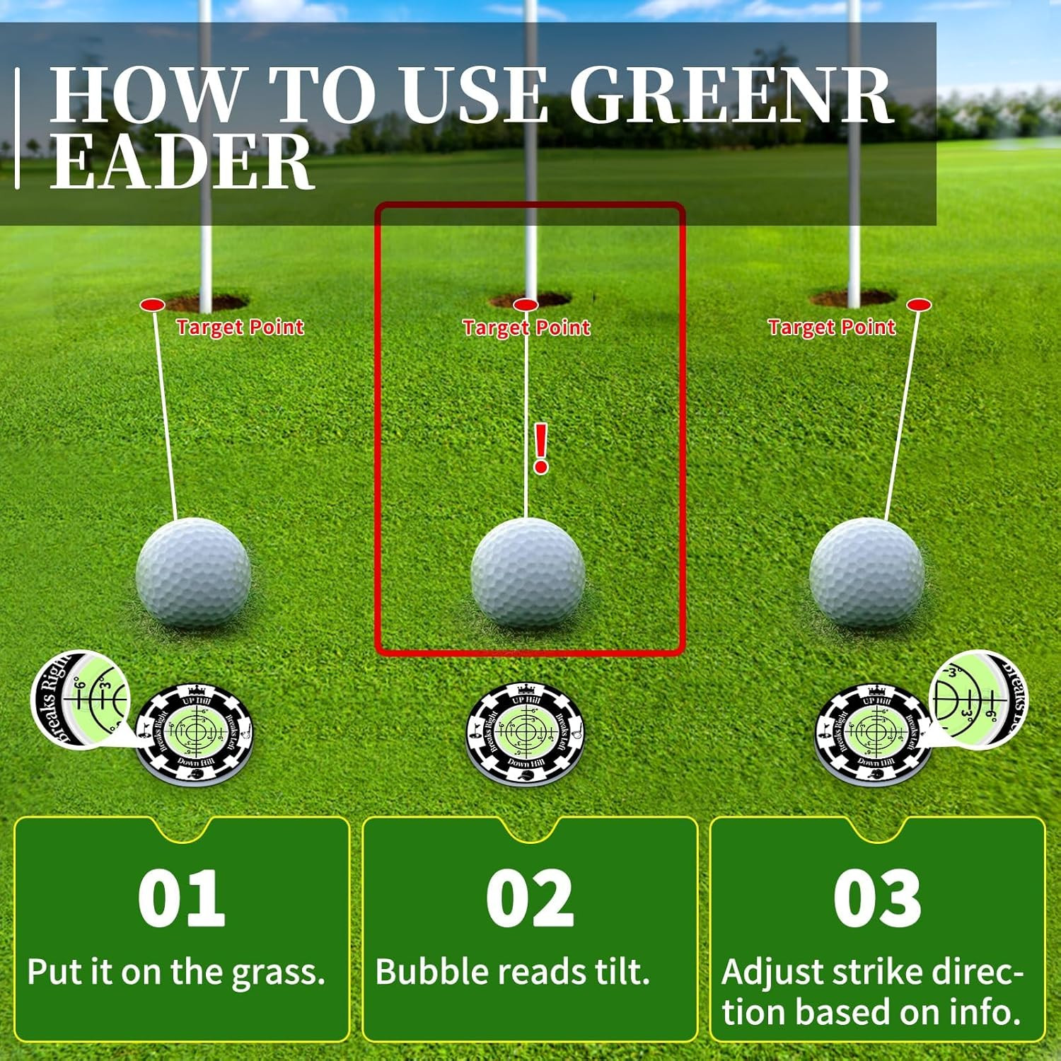 Golf Green Reader, 2 Pack Golf Ball Marker Hat Clip with High Precision Horizont