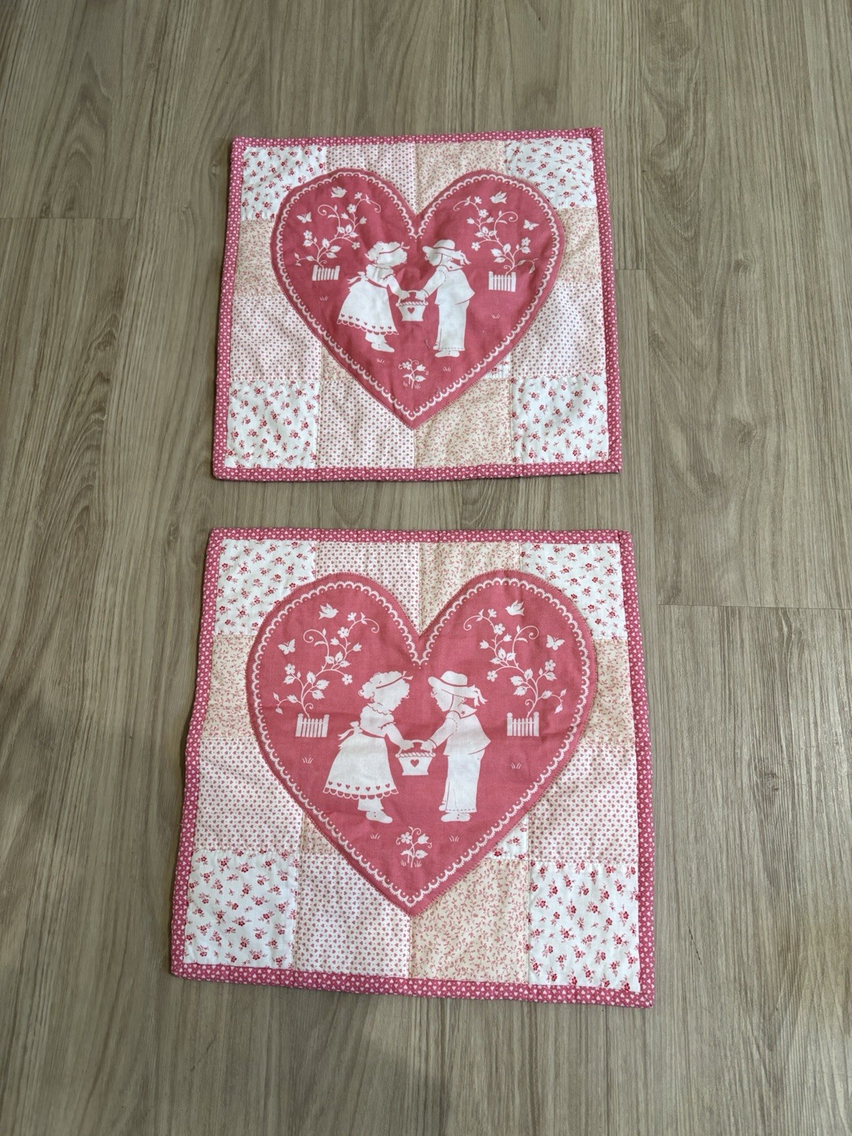 Handmade Quilted 16x16” Pillow Shams Heart Boy Love Girl Pink Cottagecore Farm