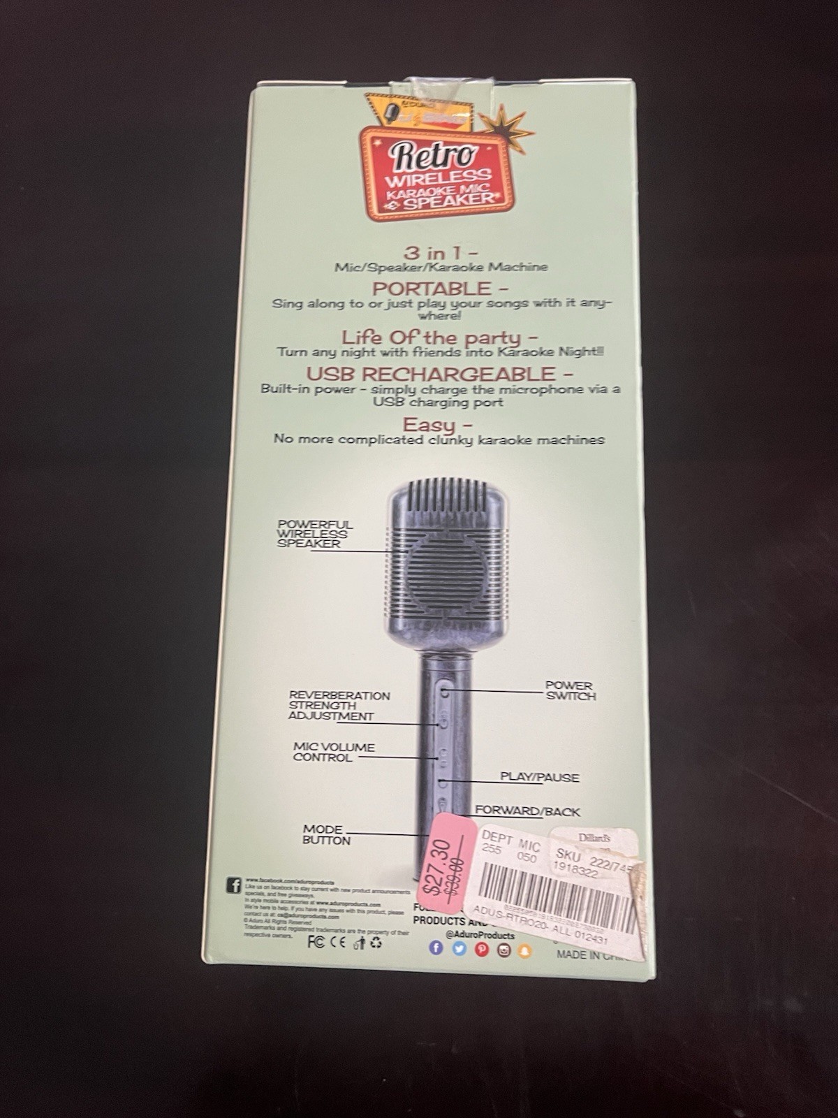 aduro u sing retro wireless karaoke microphone mic & speaker New Open Box