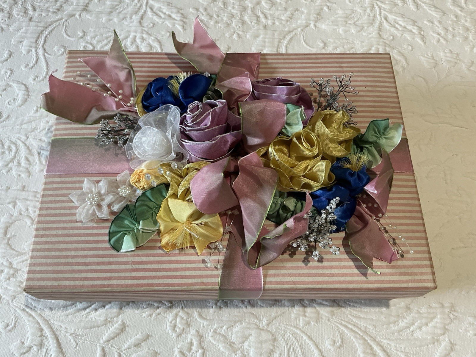 Ribbon Hand Made Design on Keepsake Box  13" X 9.5" X 32.25".