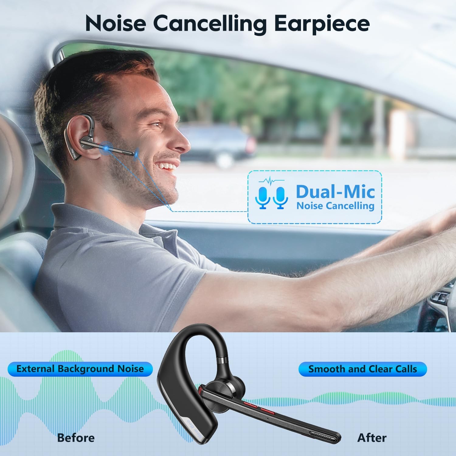 New bee Bluetooth Headset Wireless Earpiece for 1 PACK Black
