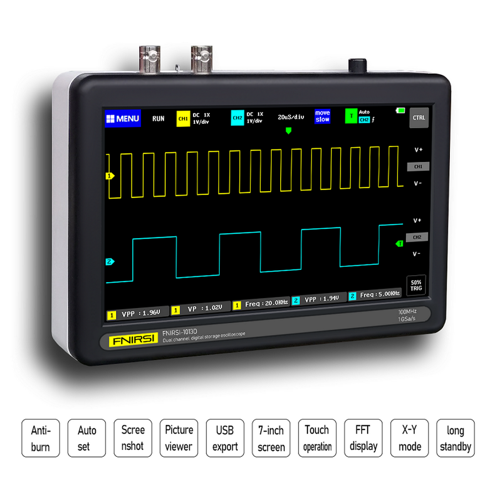 FNIRSI Mini 7" Touch Panel Digital Tablet Oscilloscope 2CH 100MHz Bandwidth 1GS