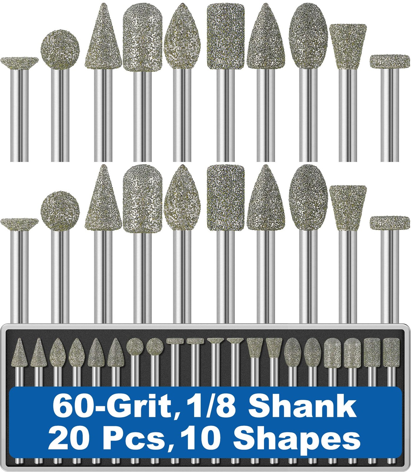 20Pcs 60-Grit Diamond Grinder Bit 1/8" Shank Compatible with Dremel Rotary Tool