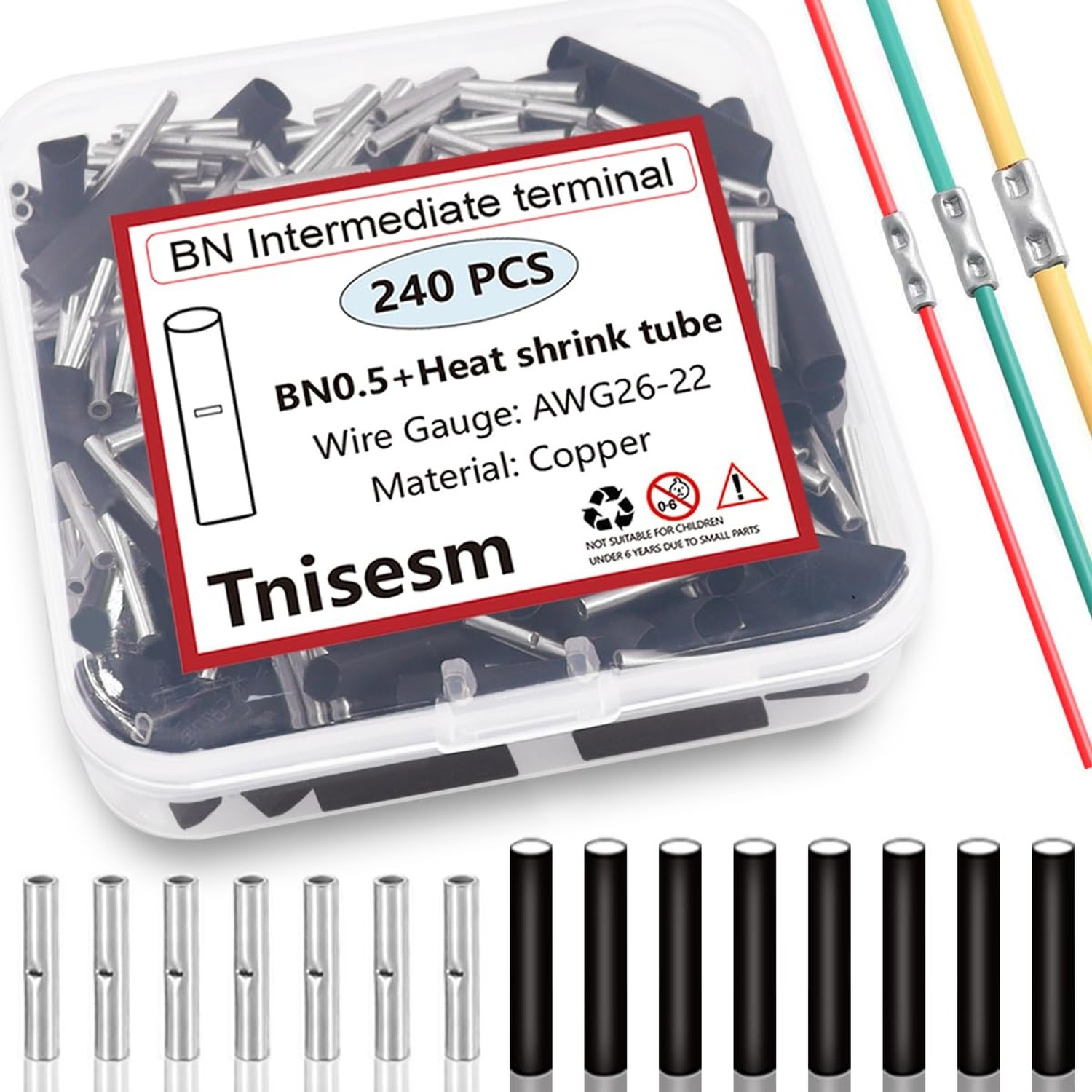 Tnisesm 120 Pcs 26-22 AWG Gauge Non Insulated Butt Connectors, Butt Splice Wi...