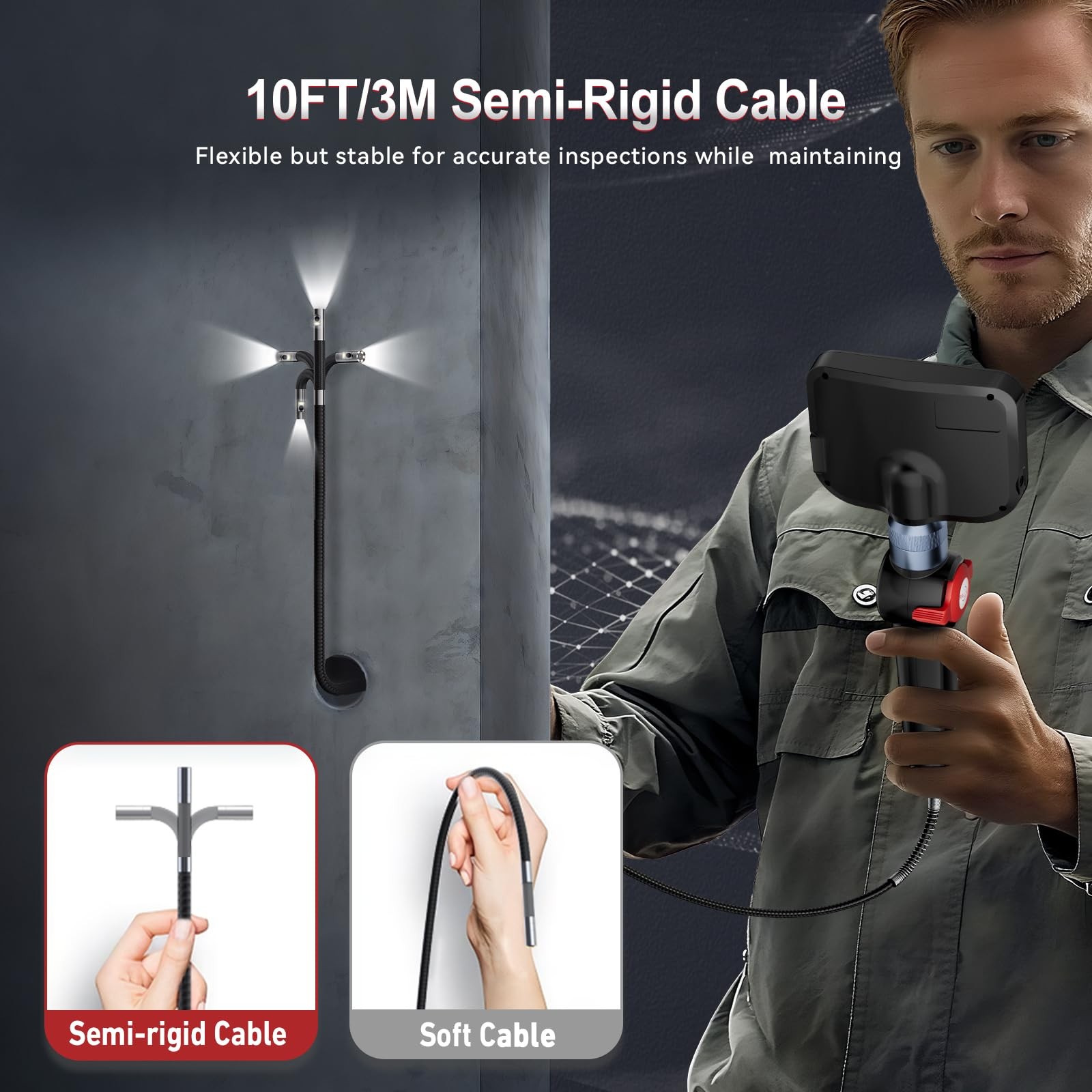 Dual Lens Articulating Borescope, 10FT Semi-Rigid Inspection Camera with 5" H...