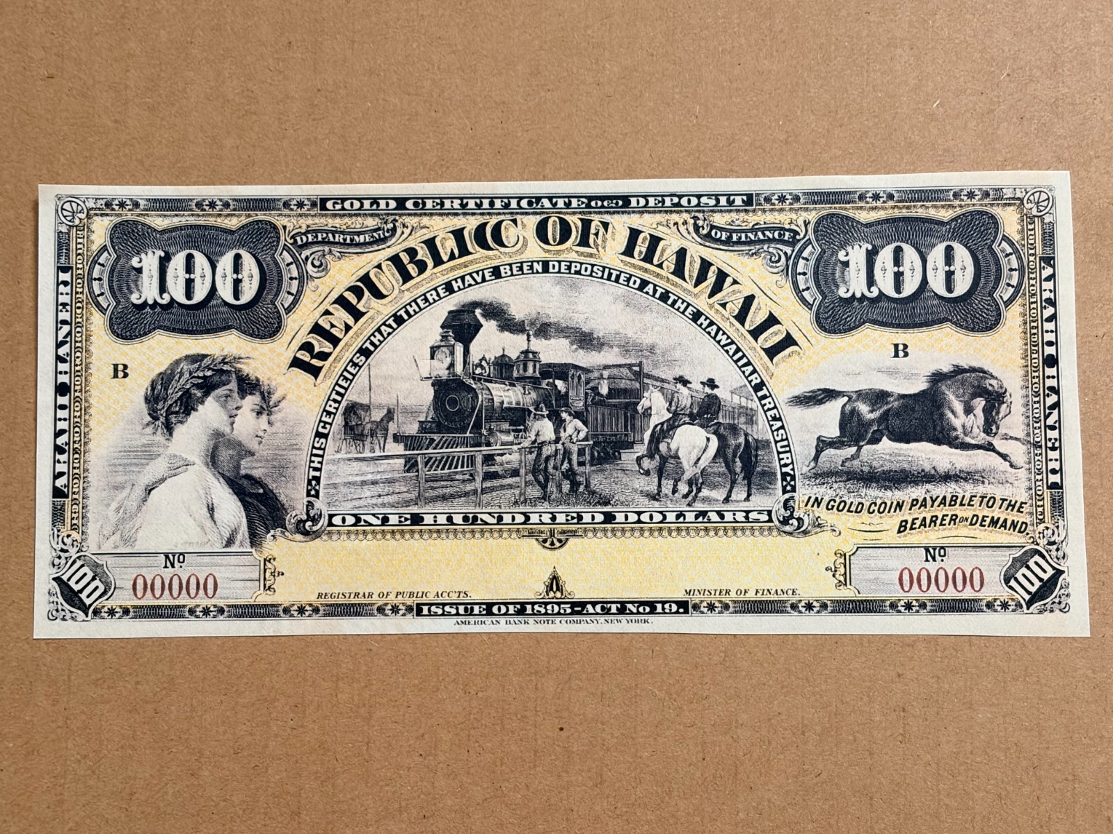 Re.PRINT Republic of Hawaii $100 1895 p10 Gold Cert Specimen Proof UNIFACE Thin