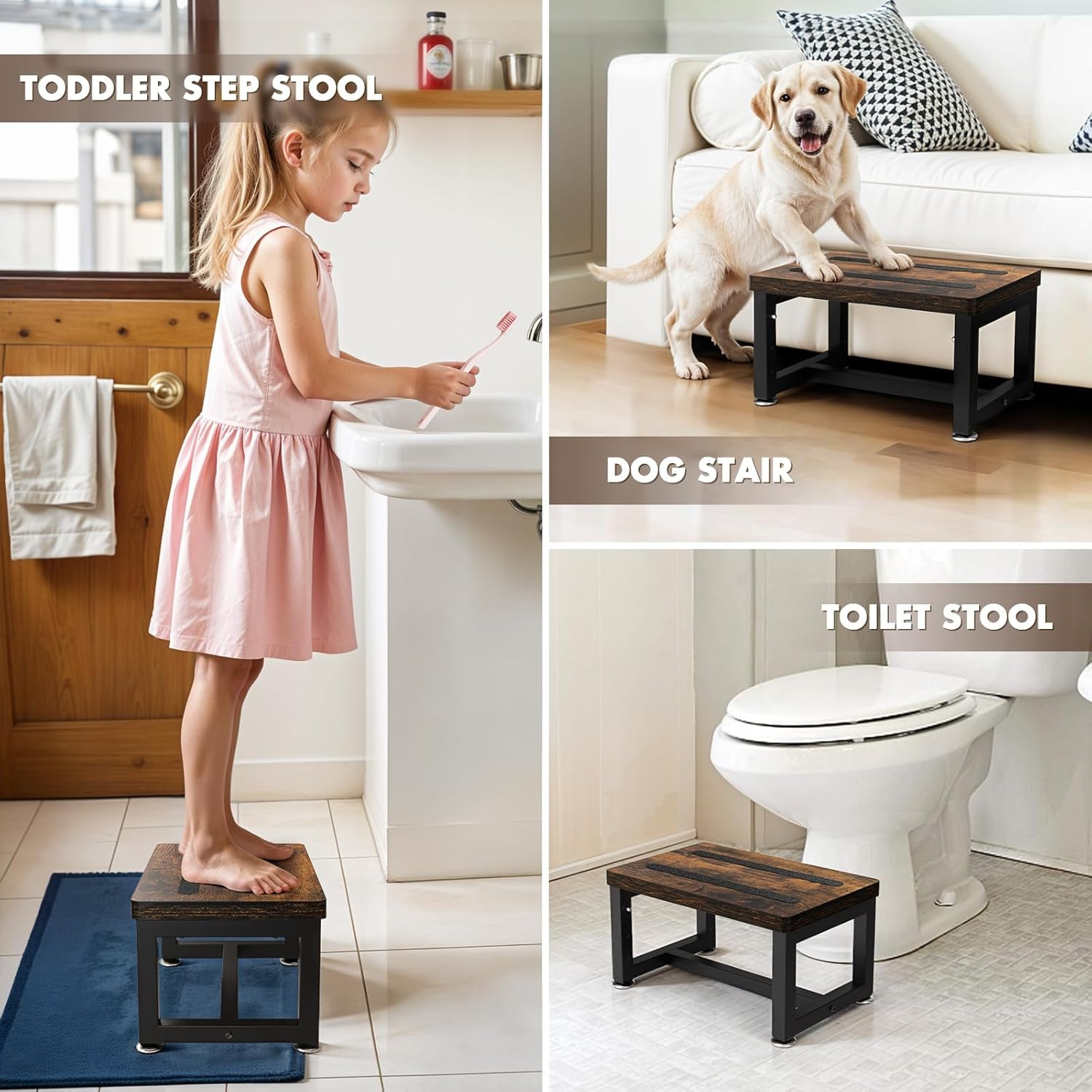 Step Stool, Height-Adjustable Wooden Step Ladder Metal Foot Stool Small Kitchen