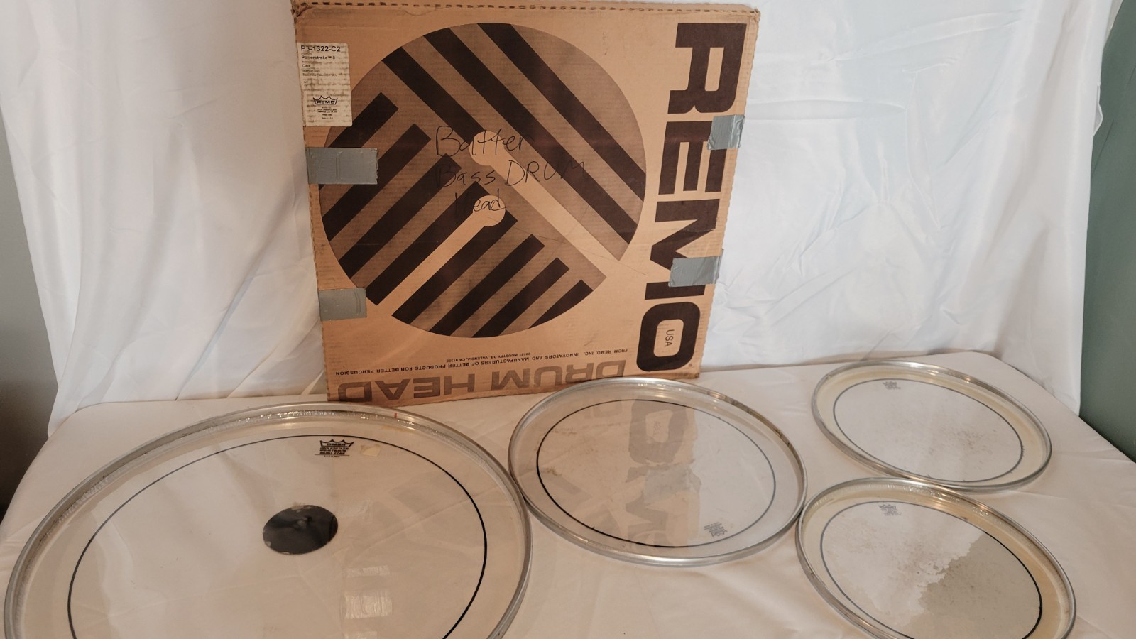 Vintage Remo Drum Head Lot 12 13 16 22 Pinstripe Powerstroke Bass Tom Heads