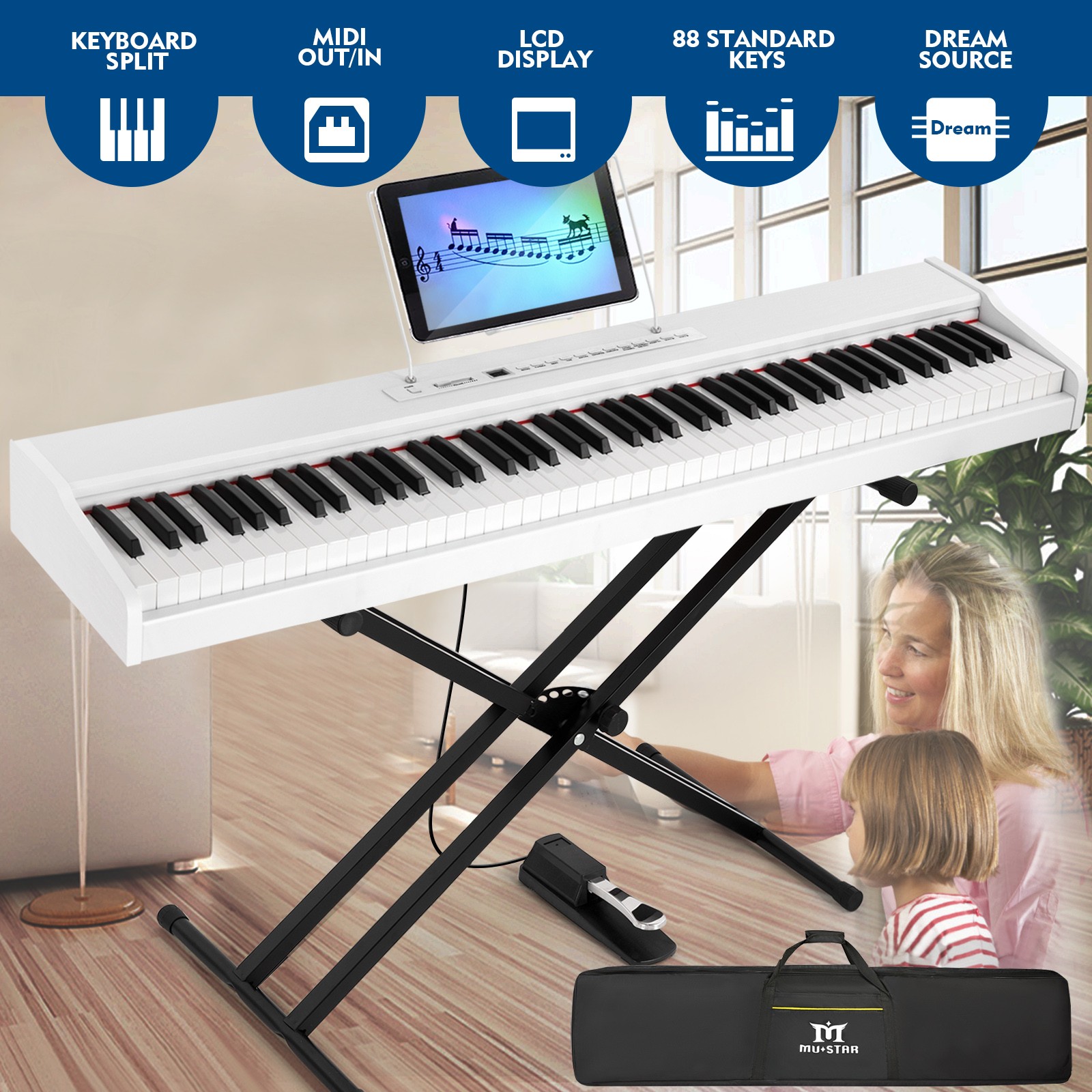 88Key Full Size Semi-Weighted White Digital Piano Keyboards with Stand, Pedal