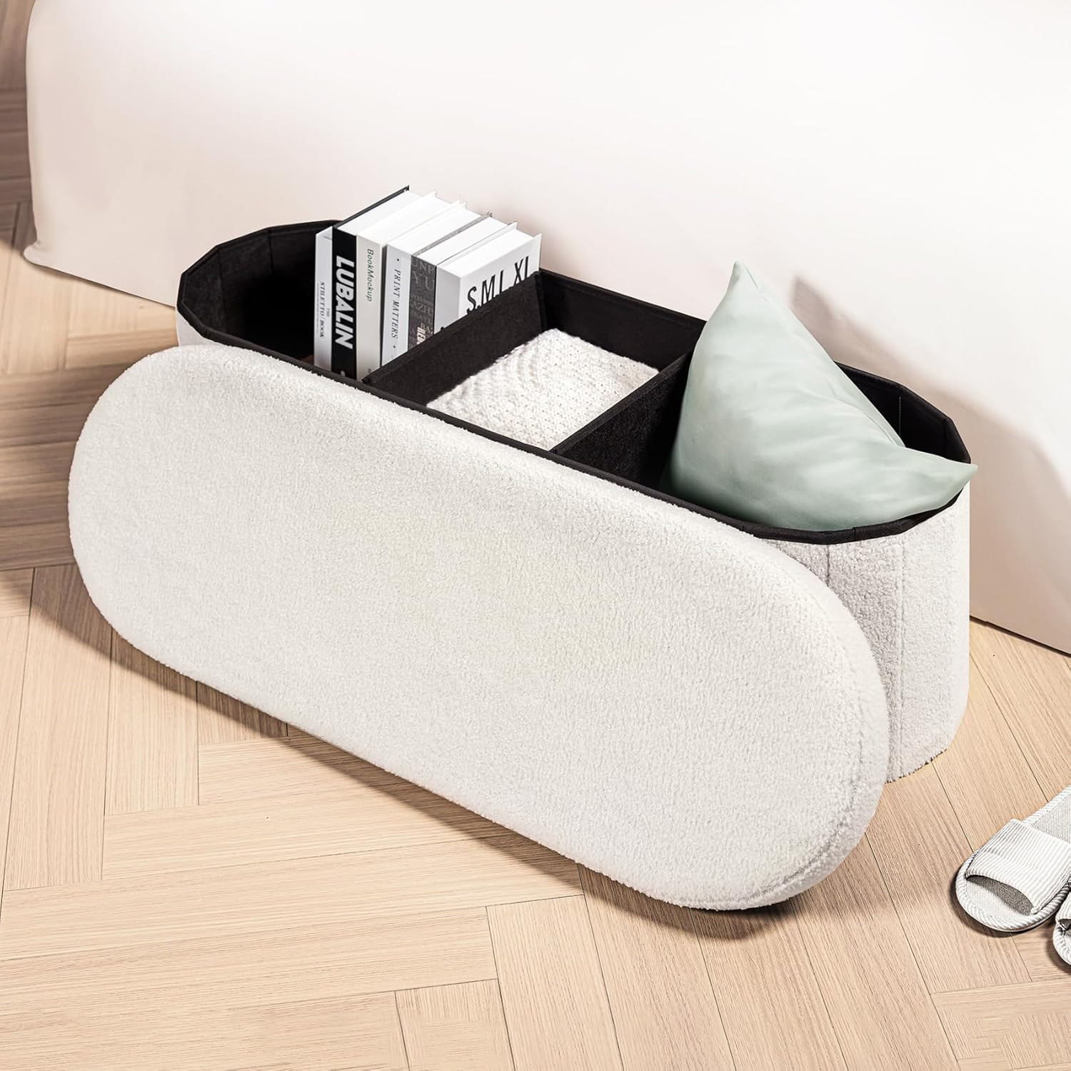 Ottoman with Storage for Living Room, Sherpa Folding Storage Ottoman Foot Rest,