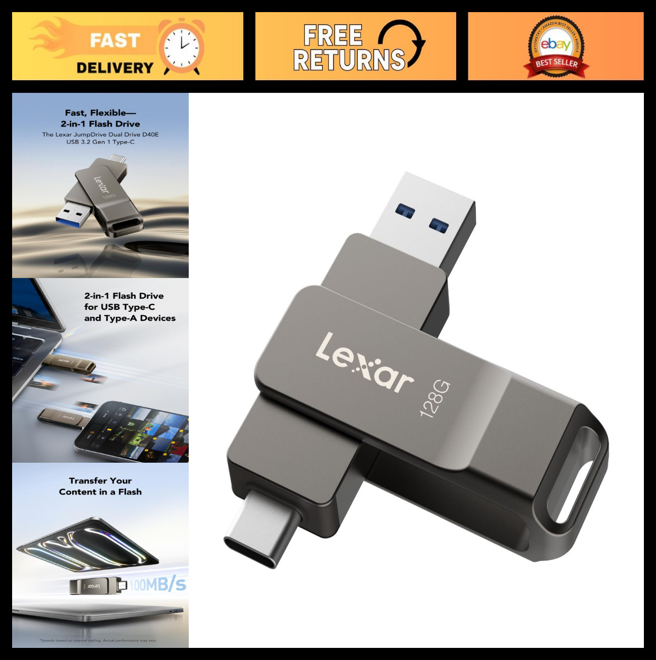 128GB USB-C Flash Drive, Dual USB 3.2 Gen 1, Metal Housing, Swivel Design, Thumb