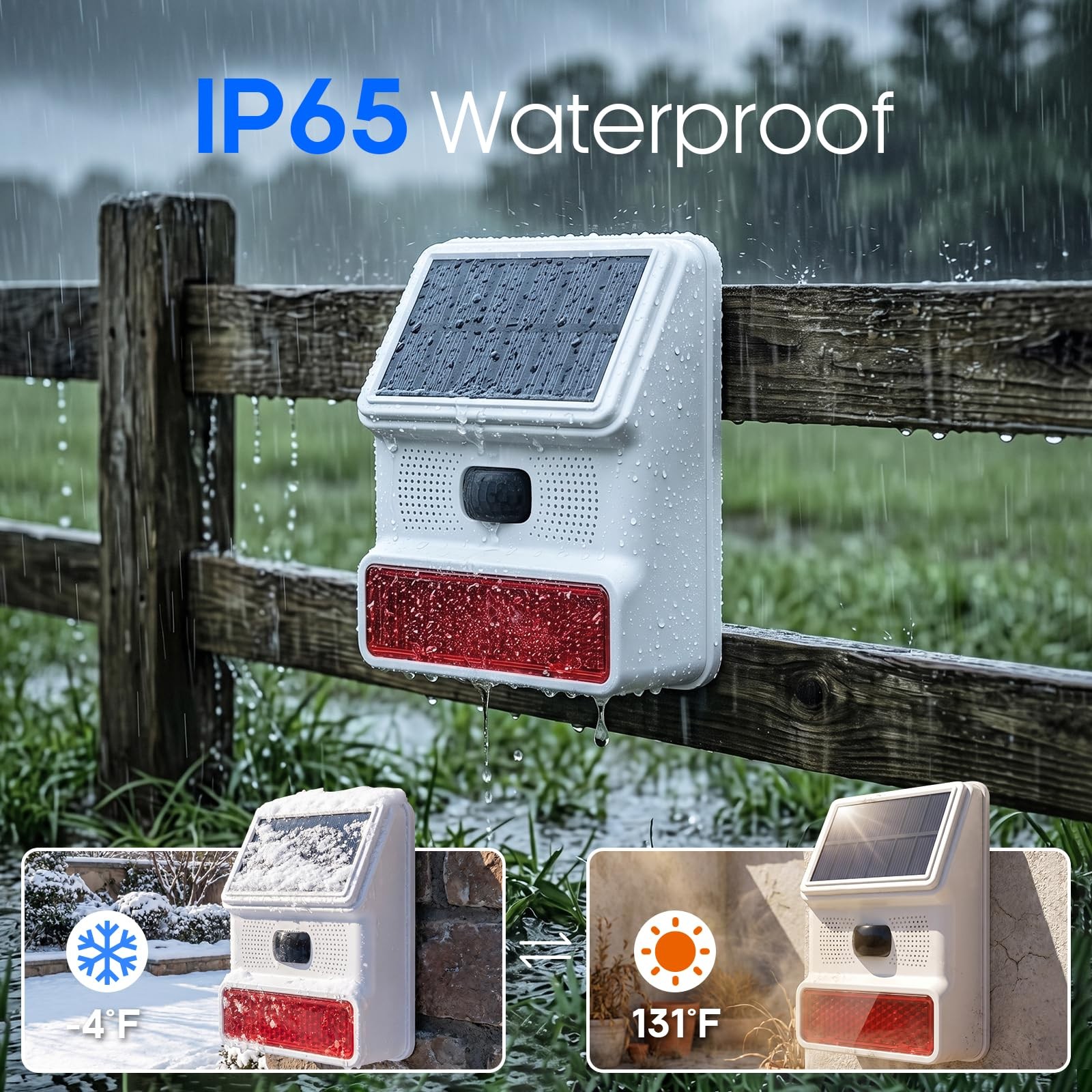 Hapippofa Solar Motion Sensor Alarm, 120dB Outdoor Waterproof Strobe White-01