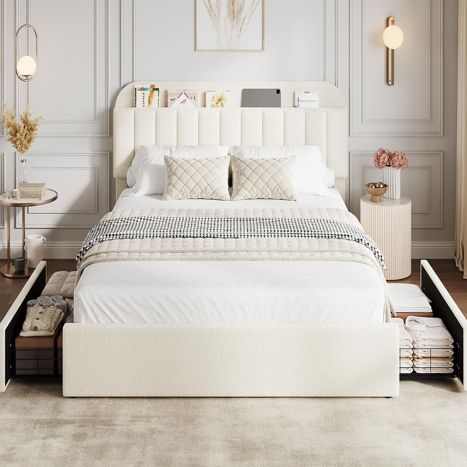Queen/Full/Twin Size Bed Frame Headboard Platform Bed Frame w/ 2 Drawers Modern