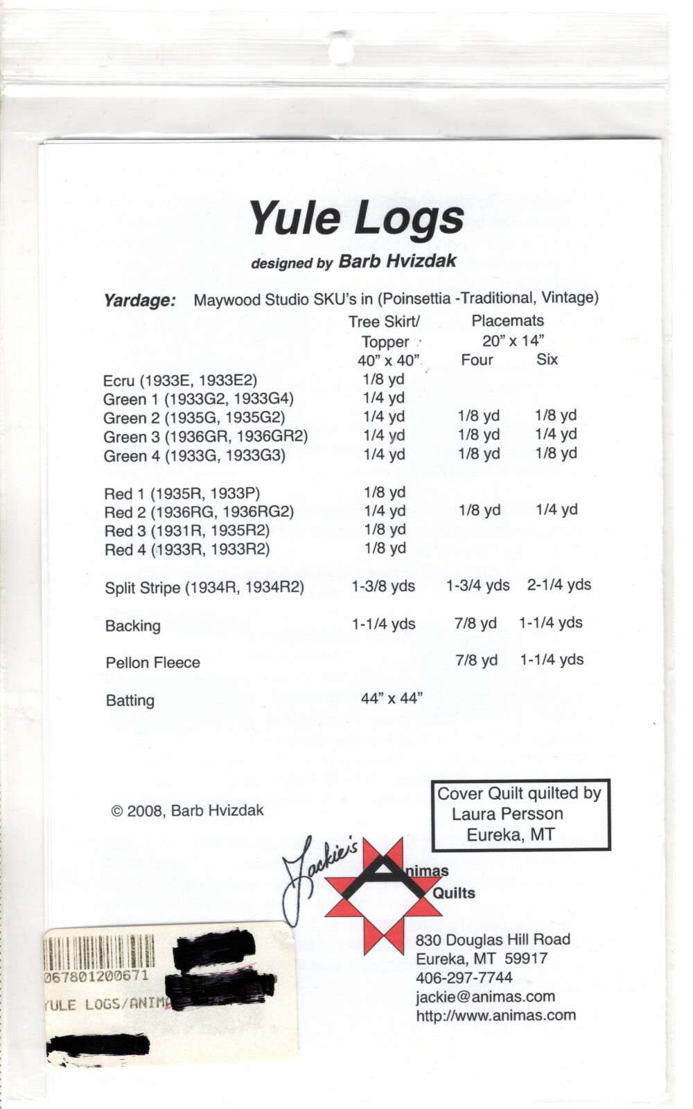 "Yule Logs" ©2008 Jackie's Animas Quilts Pattern/Instruction Pack AQP-67 NEW