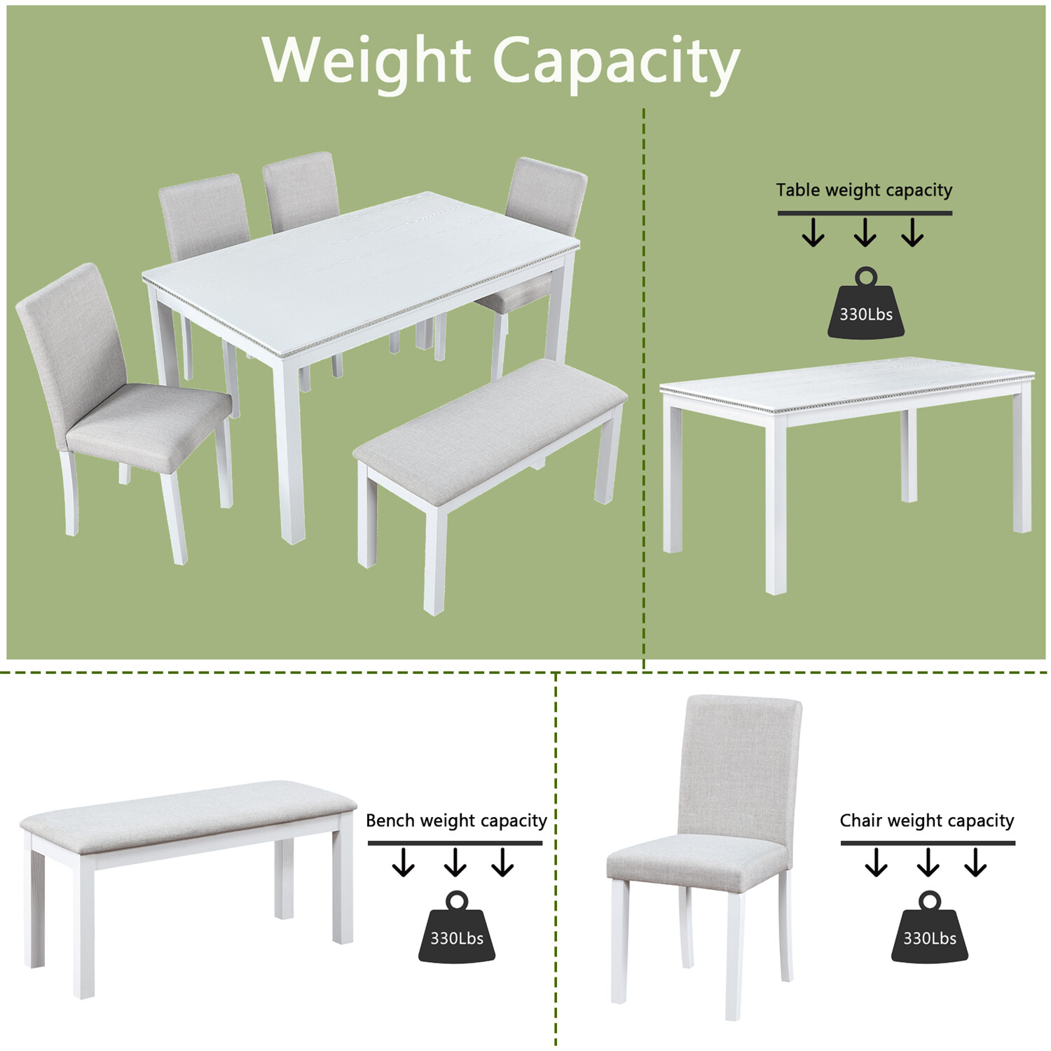 6 Piece Dining Table Set Kitchen Table Wood Dining Table w/ 4 Chair & Bench
