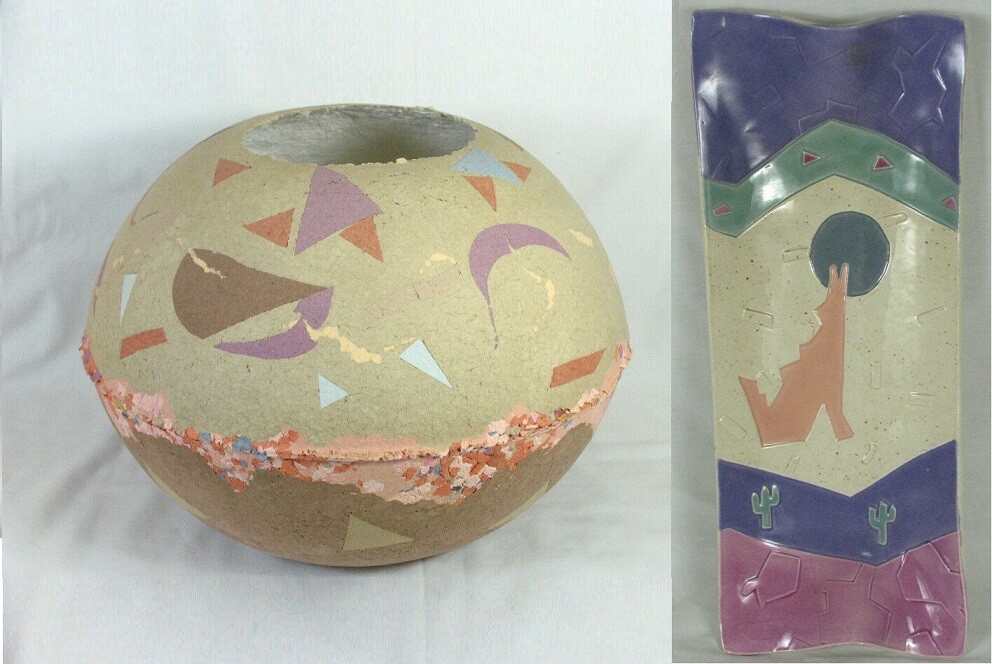 Rick Tunkel Original 3D Art Paper Mesh Vessel & Barbara Demery Pottery Tray Wolf